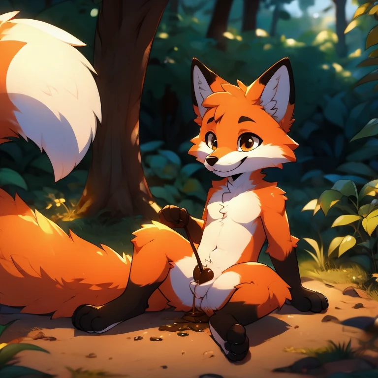 two Cute fox, A orange male fox and A white female fox have sex together in the forest, the female fox doesn't have penis, the male fox insert his penis into female fox pussy, the female fox moaning while getting fuck from the male fox, lying on the ground, Illustration, masterpiece, high quality, enjoy, happy, sun light, naked, cum, cum shot, genital liquids, love, penis inside pussy, the male fox fuck the female fox from top her, kissing
