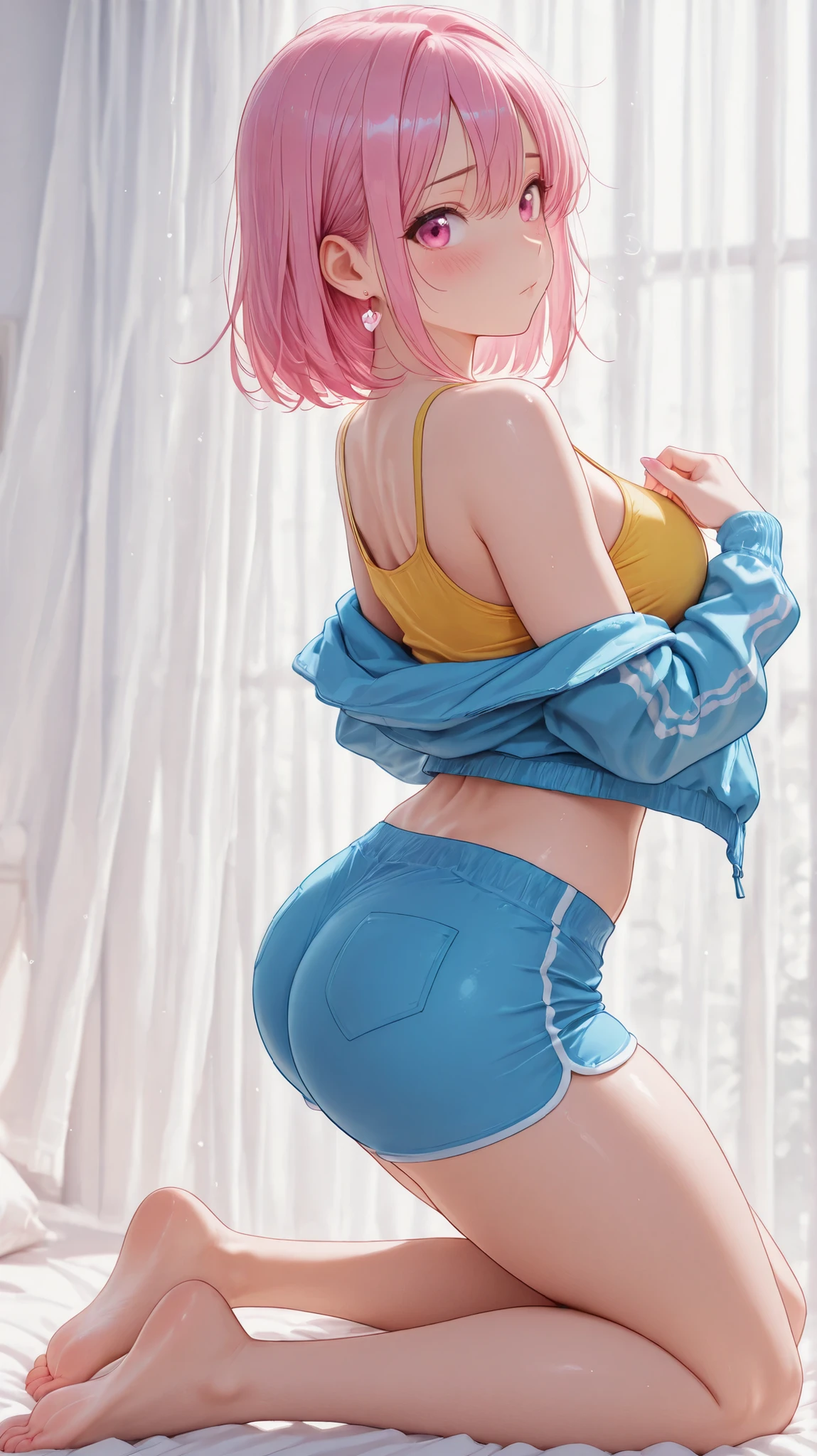 (Realistic painting style:0.9),tmasterpiece,1 plump girl,Alone,with pink hair,bow hair,Pink Long Hair,lies on the ground,Watch from behind，facing away from the audience,Show the ass to the audience，Pout your ass，The butt is facing the camera， laughing joyfully，The smile is bright，cropped shoulders,  through bangs, Hair color, No shoes,  a purple eye, Bow knot, Gradient hair, Full body lesbian, upper legs，bluntbangs，face flushed，with her mouth open，eBlue eyes，delicated face，Nice face，Smiling happily，knees，Very long hair，hair adornments，water dripping，Colored pointed toe、Bareleged，Wet with, (Best quality at best,4K,8K,A high resolution,tmasterpiece),ultra - detailed,(actual,realistically), with pink hair, huge boob，Colossal tits，a purple eye, Pink the  bikini,Wet panties，Bareleged，Sitting by the sea，Open your legs，low  angle shot， water dripping, glistning skin，Covered in sweat，There is an unknown milky white liquid on the body，it is covered with water、drenched clothes、drippy