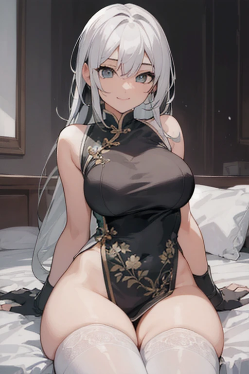 top-quality、realistic touch,high-detail、photoRealstic、long body、thin-waist、captive beauty、big eye、Strong platinum blonde eyelashes、platinum-blond、full body Esbian、Sparkling eyes、Submissive smile、Flushed cheeks、Kamimei、thin-waist、Voluptuous thighs、Enraptured look、Raked bangs、The forehead is protruding、Inside a room、pony tail hairstyle、standing、Navel Look、fuge boobs、she is in estrus、Put your hands behind your head, spread your legs wide, and squat down.、qipao dress