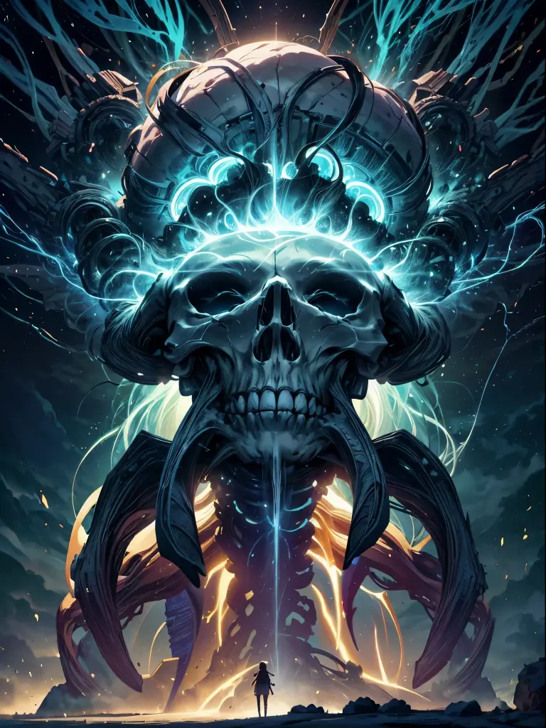 (Best picture quality, 4K, 8K, High resolution, Masterpiece: 1.2), ultra detailed, realistic: 1.37, a close up of the head of the metal skull, an altar composed of abstract twisted roots drags a very large (mysterious skull made of metal), above the skull is a bizarre waterfall, light composition, (rainbow, rainbow around the skull), full of energy, circular composition illustrates the effects of various structural forces, alone, decorative elements, dreamlike decorative combinations,