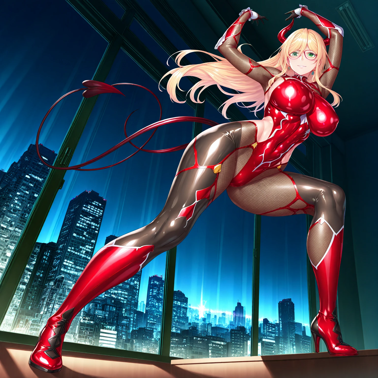 Lancer Artoria, elegant adult female, blonde, green eyes (yellow eyelashes) crown, turtleneck, full body sitting on a bench, showing ass to me, RED breastplate, RED skin (1SologirlRED skin:1.2), looking at viewer, shiny, armor, thigh highs, high boots, pauldrons shoulder armor, faulds, poleyn, RED gloves gauntlets, rerebrace, RED military armored boots, yordle muscular lean platinum blonde long twin tails hairstyle at the bedroom lustful smirking smile face red blushed, blush, strong abs, female body builder, tiara, twin drills hair, (masterpiece, best quality, ultra detailed, best shadow)