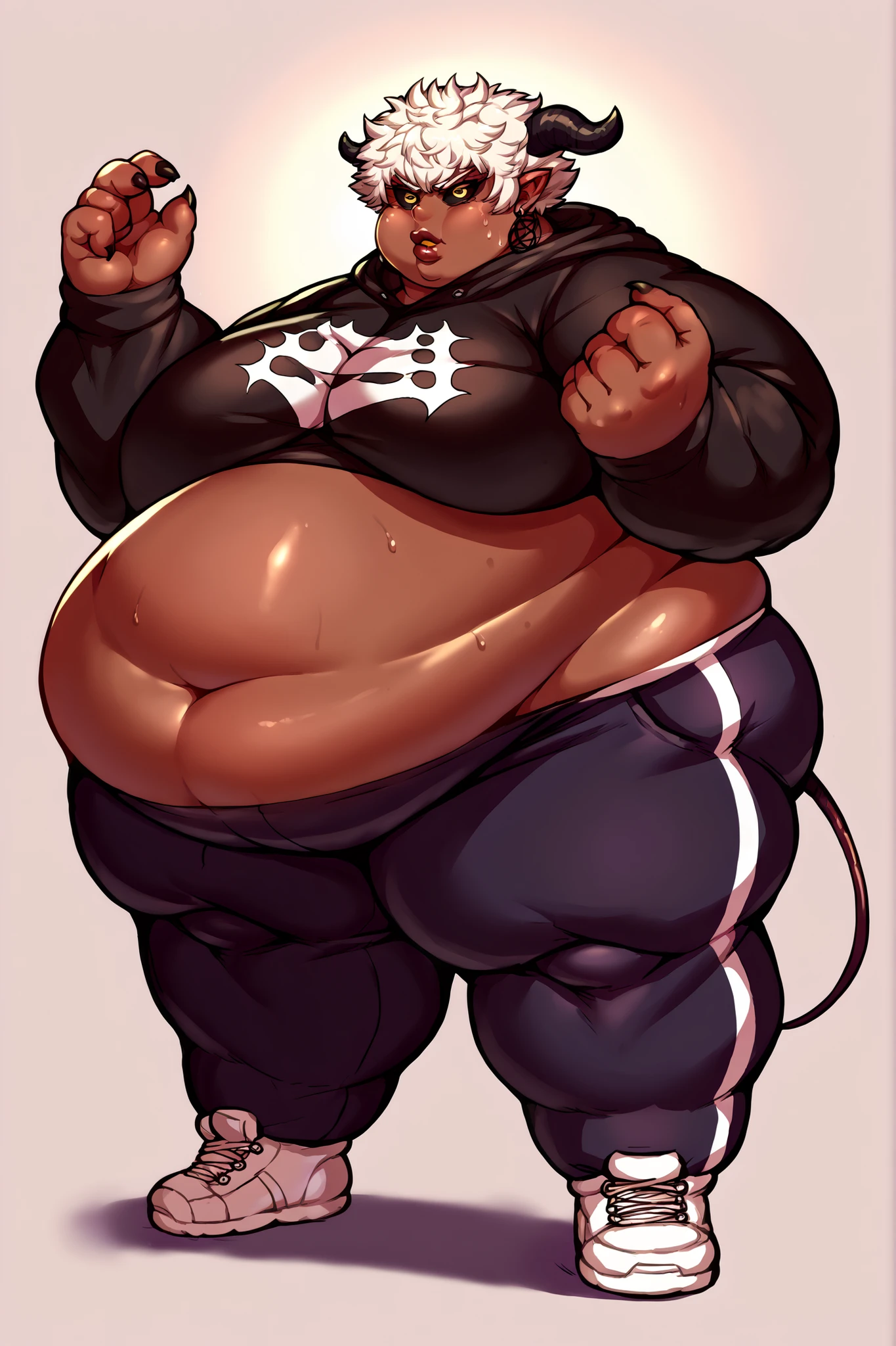 satero, demon horns, black sclera, dark skin, short hair, yellow eyes, demon girl, dark-skinned female, horizontal pupils, white hair, hoodie, hood up, sweat pants, shoes, giant hands, giant feet, fat, chubby, obese, gigantic arms and legs, gigantic breasts, sagging breasts, full body shot, fat face, chubby face, double chins, big lips, fat hands, fat finger's, chubby hands, chubby fingers