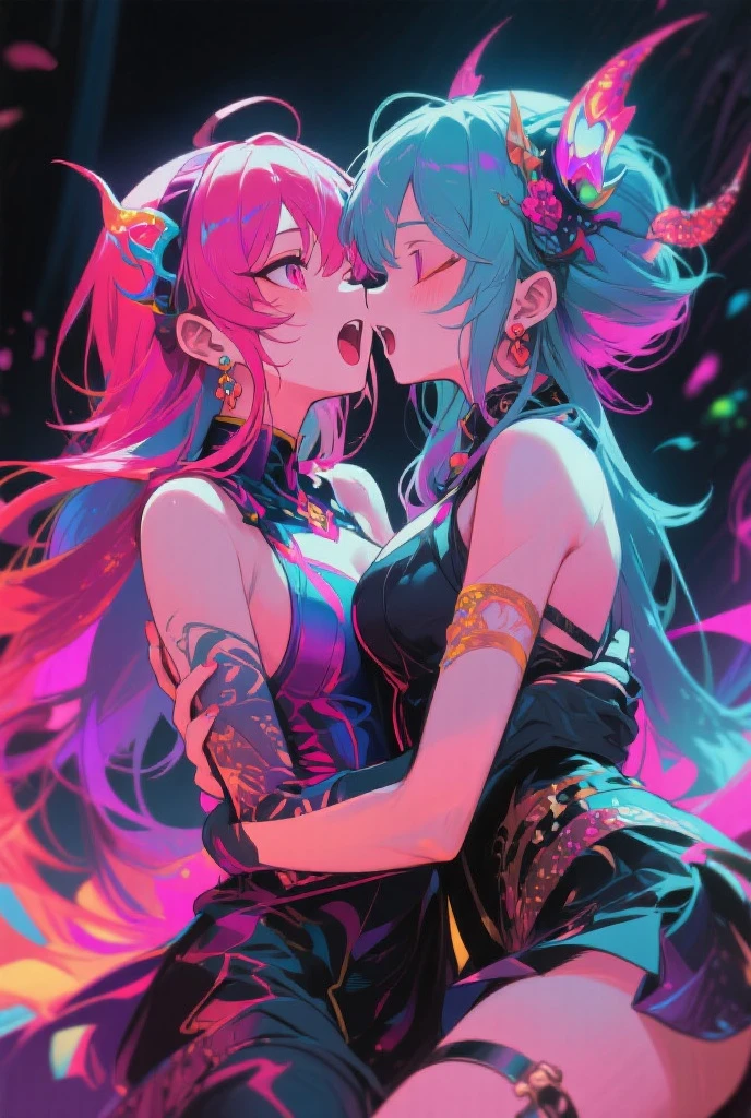 absurdres, 2girls, alien humanoid, horns, long ears,bright blue and green skin, ,yuri, lesbian,, breasts,, ass,, kissing with tongues, blushing, smile, cinematic lighting, ethereal, pastel pink hair color, long wavy hair, dreamy, soft, fluffy, kawaii, short curly hair, kissing, licking each other, exploring each others mouth, eyes closed focused on each other, touching and squeezing breasts, drool coming out of mouth, embracing each other, glistening on their skin, kissing deeply with passion, french kissing, making out with each other, seductive pose --auto --s2