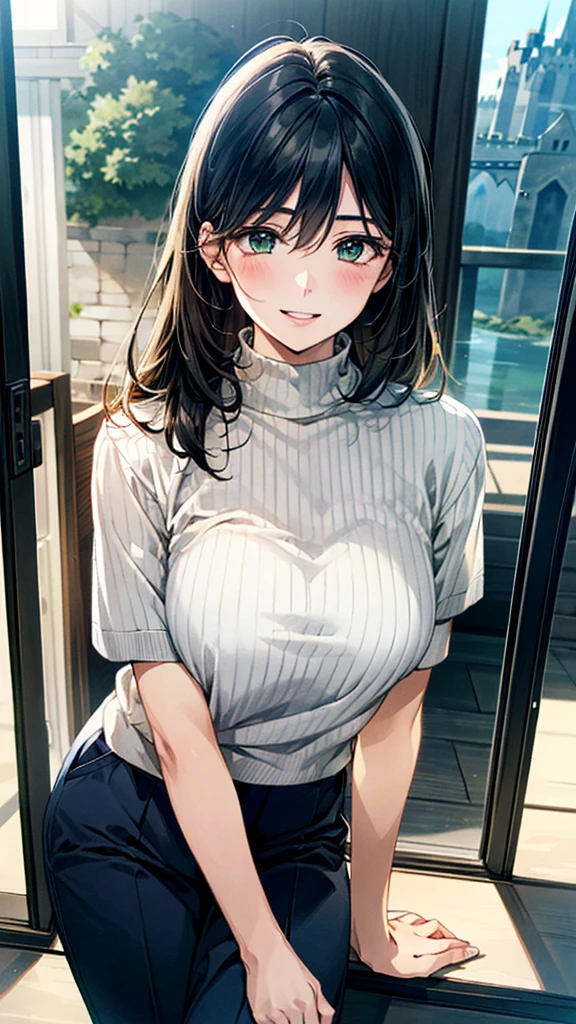 (masterpiece:1.3, top-quality, ultra high res, ultra detailed), (realistic, photorealistic:1.4), beautiful illustration, perfect lighting, natural lighting, colorful, depth of fields,
looking at viewer, 1 girl, japanese, office lady, 19 years old, perfect face, (perfect anatomy), cute and symmetrical face, baby face, shiny skin, slender,
(long hair:1.7, straight hair:1.2, black hair), hair between eyes, emerald green eyes, long eye lasher, (large breasts:0.8),
beautiful hair, beautiful face, beautiful detailed eyes, beautiful clavicle, beautiful body, beautiful chest, beautiful thigh, beautiful legs, beautiful fingers, break,
(((gray) stretch tight skirt, (navy) short sleeve high neck sweater)), id card,
(beautiful scenery), day time, (office lounge, potted plant), (drinking canned coffee), (happy smile, half-closed eye, parted lips),