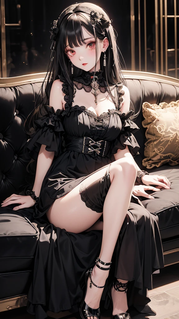 Beautiful succubus at a banquet, she's wearing a lavish dress, she's very plump and her figure is full and voluptuous, she's very bottom heavy, she has large horns, her eyes are fiery and fierce, she has a sultry expression on her face, her dress is knee-length