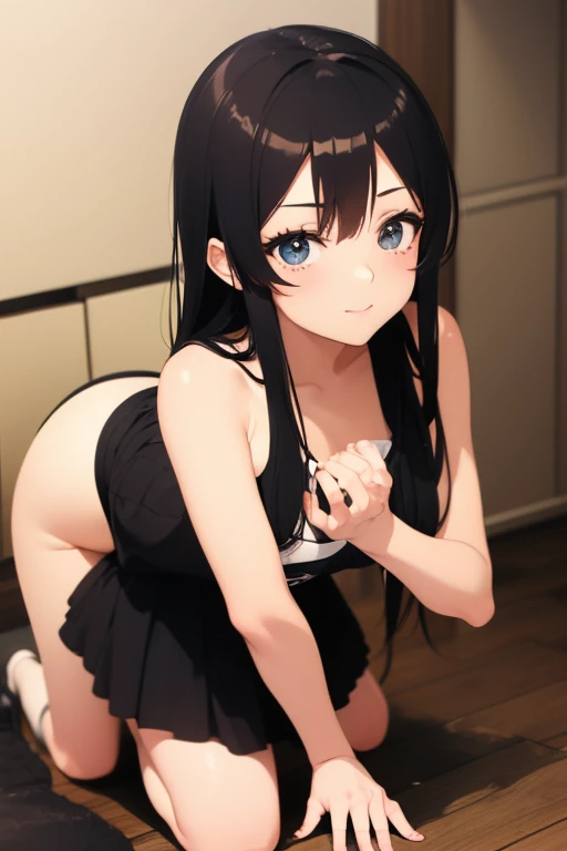 Junior high school student who looks like an elementary school student, , very short, 140cm tall, black hair with a slight green tinge, short ahoge, beautiful long hair but with a little hair sticking out, beautiful round eyes, blue eyes, smile, boyish, big breasts, hair longer than waist, long hair, young face, dark greenish black hair, gentle smile, a little shy, hair is black but has a slight green tinge, boyish and gentle smile I have, (bottomless :1.8),take off the skirt,skirt lift,pussy are visible