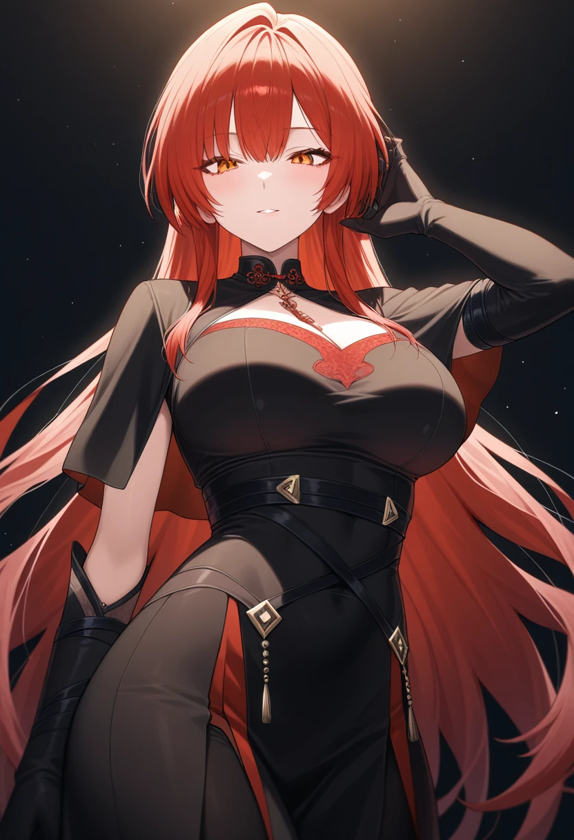 absurd, 8K, high resolution, Ultra-detailliert, beautiful, Meisterwerk, best quality, very pretty woman, Jung, very pretty woman, sexy, (Sith-Robe:1.5), gelbe Augen, rotes Haar, (glattes Haar:1.5), (Geweih:1.4), 1 Lichtschwert in der Hand, sexy, detailliertes Frauengesicht, Sehr attraktiv, (very large breasts:1.3)