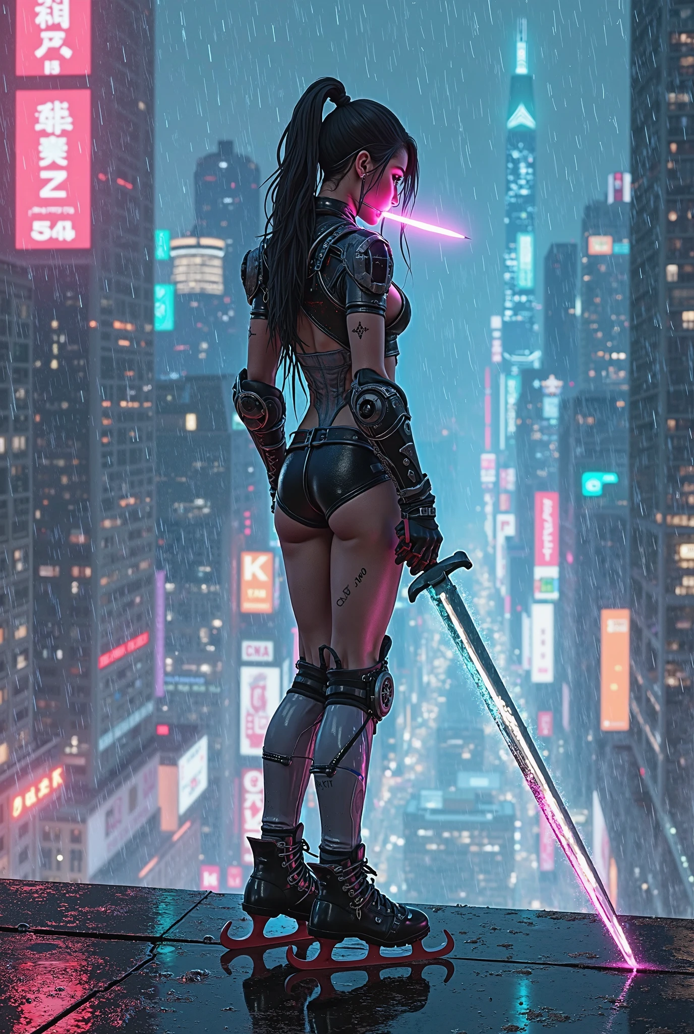 best quality,ultra-detailed,photorealistic,(studio night light:1.3),(1girl:1.4),young swordswoman,slim body,(dynamic pose:1.3),naked slim legs, distant plan shot,hanfu cloth, space street, rain, butterflyes, holding a glowing katana,futuristic cyberpunk city,on top of a skyscraper,outfit blending futuristic technology and Chinese traditional elements,huge cyber dragon in the neon-lit night sky,(guardian of the city:1.2),, (harsh urban environment:1.3),(determination and bravery:1.2),masterpiece,cyberpunk style with Chinese influenceg, extreme detailed,, ((colorful:1.2))
<lora:hanfu_clothes_LORA:0.6> <lora:add_detail:0.6> <lora:wowifier_robotic_LORA:0.6> <lora:glassSculptures_v20CompletelyRedone:0.6> <lora:planet_Simulator_style_Lora:0.7> <lora:chinese_girl_lora:0.7> <lora:add_detail:1> <lora:more_details:1>