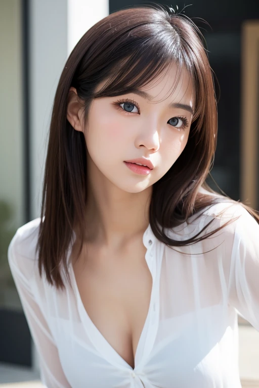 ((Best Quality, 8K, Masterpiece: 1.3)), Sharp: 1.2, Perfect Body Beauty: 1.4, Slim Abs: 1.2, ((Layered Hairstyle, Big Breasts: 1.2)), (Wet White Button Long Shirt: 1.1), (Rain, Scholl: 1.2), Wet: 1.5, Highly detailed face and skin texture, detailed eyes, double eyelids, side face looking at the camera, innocent, (Arrousted: 1.3)