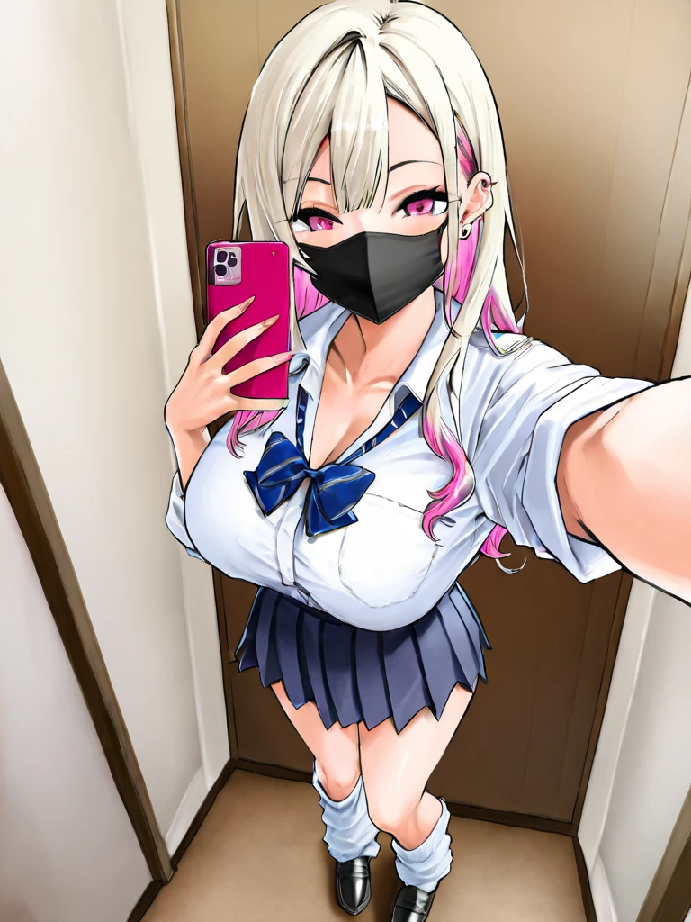 Anime girl in lingerie takes selfie with mobile phone,, wearing bra, mobile phone in front of covering face, one hand on own chest, lifted by self, shirt lift, white background, head out of frame, white background,
