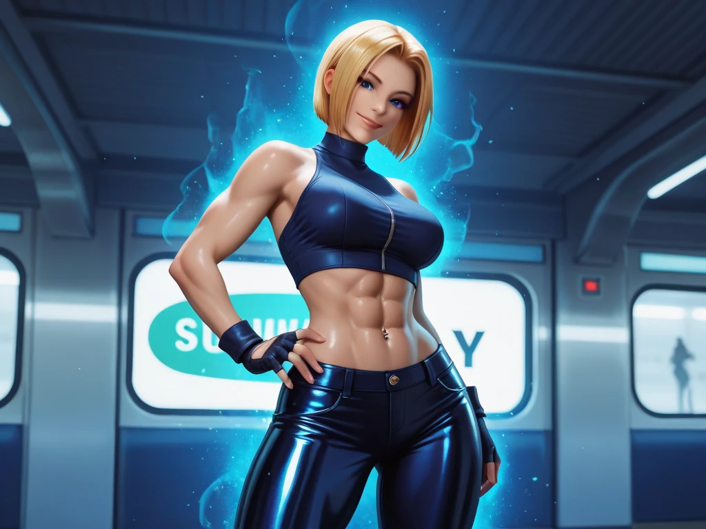 Shina,spiked blonde hair, blue eyes, sitting,   close up ,   solo,  cowboy shot,  grin, 
 steel cage arena, lights, moonlight,
 (insanely detailed, beautiful detailed face, masterpiece, best quality) cinematic lighting,
<lora:Shina-10v3:0.8>