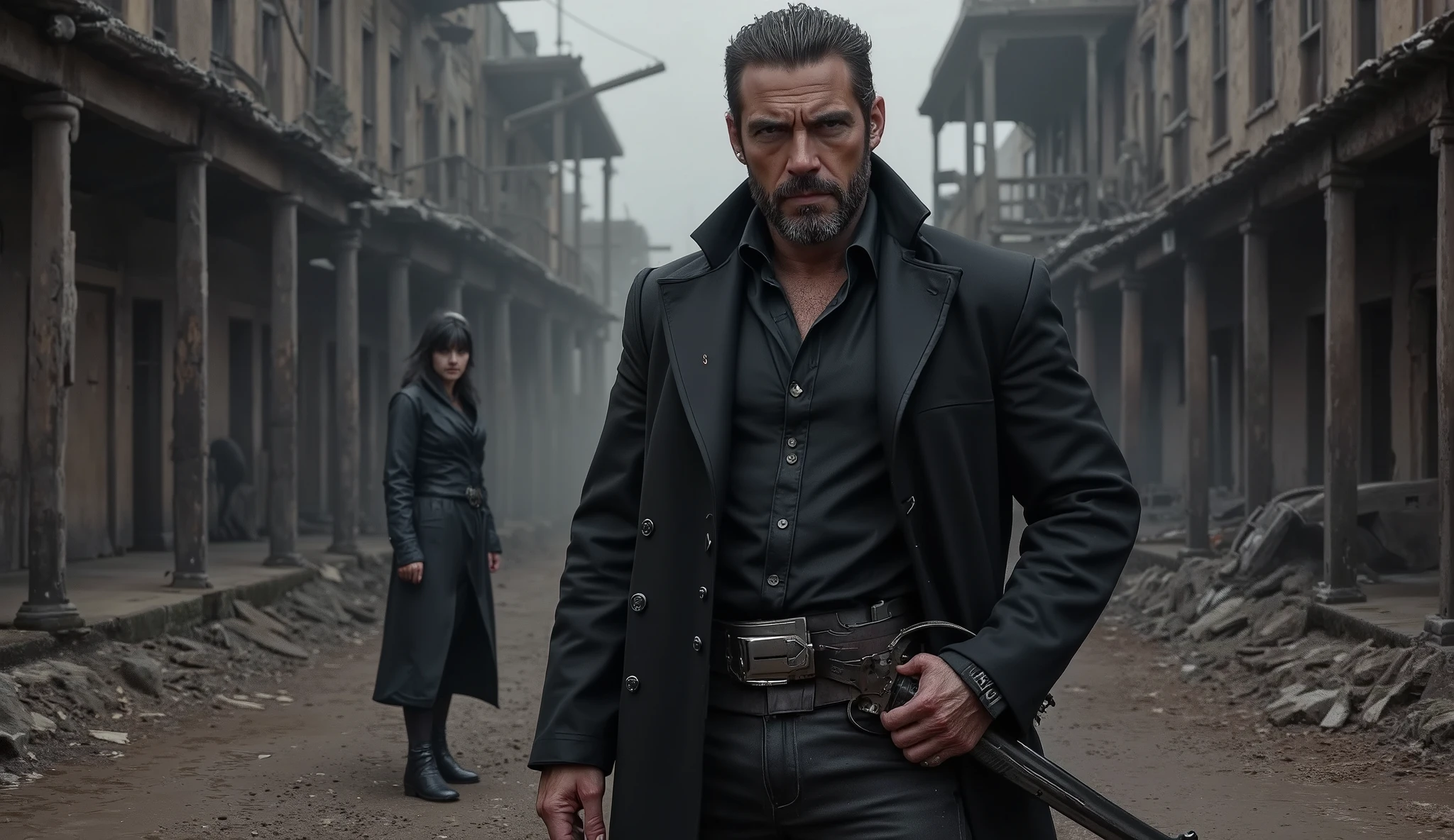 "Ultra-realistic cinematic scene of JCK-RUDE standing in the middle of a fog-drenched, ruined Old West street, moments after hearing the woman's whisper. The camera captures a medium shot from the front: his face intense, changed, with a fire behind his eyes and a slight tremble in his jaw. One hand slowly reaches for the revolver at his side, not yet drawn. The dark woman stands still behind him in the distance, partially obscured by mist, her expression unreadable. The muddy street is littered with rubble and broken wooden beams, crooked buildings leaning over as if listening. A deep silence hangs in the air, heavy with fate. The townspeople remain hidden, no movement — only tension. Photorealism, 8K resolution, moody Western noir lighting, shallow depth of field, dramatic close shadows, gritty textures, symbolic tension."