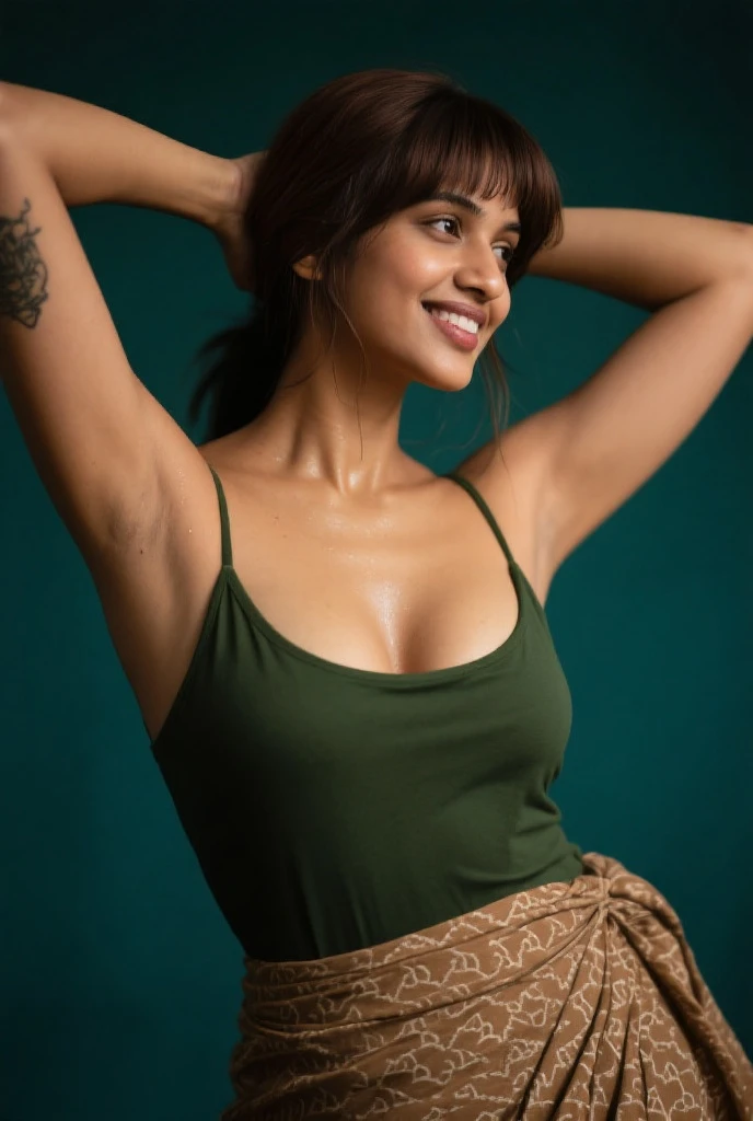 extreme close up photo of sexy mahie gill standing showing breasts to viewer, curvy, hourglass figure, swooping breasts, deep cleavage, look at viewer and subtle smile, seductive eyes, sultry, blue lace lehenga, ponytail, 38 yo, HD, 4k, ultra high quality, (cinematic:1.3), intricate details, (ArtStation:1.2)