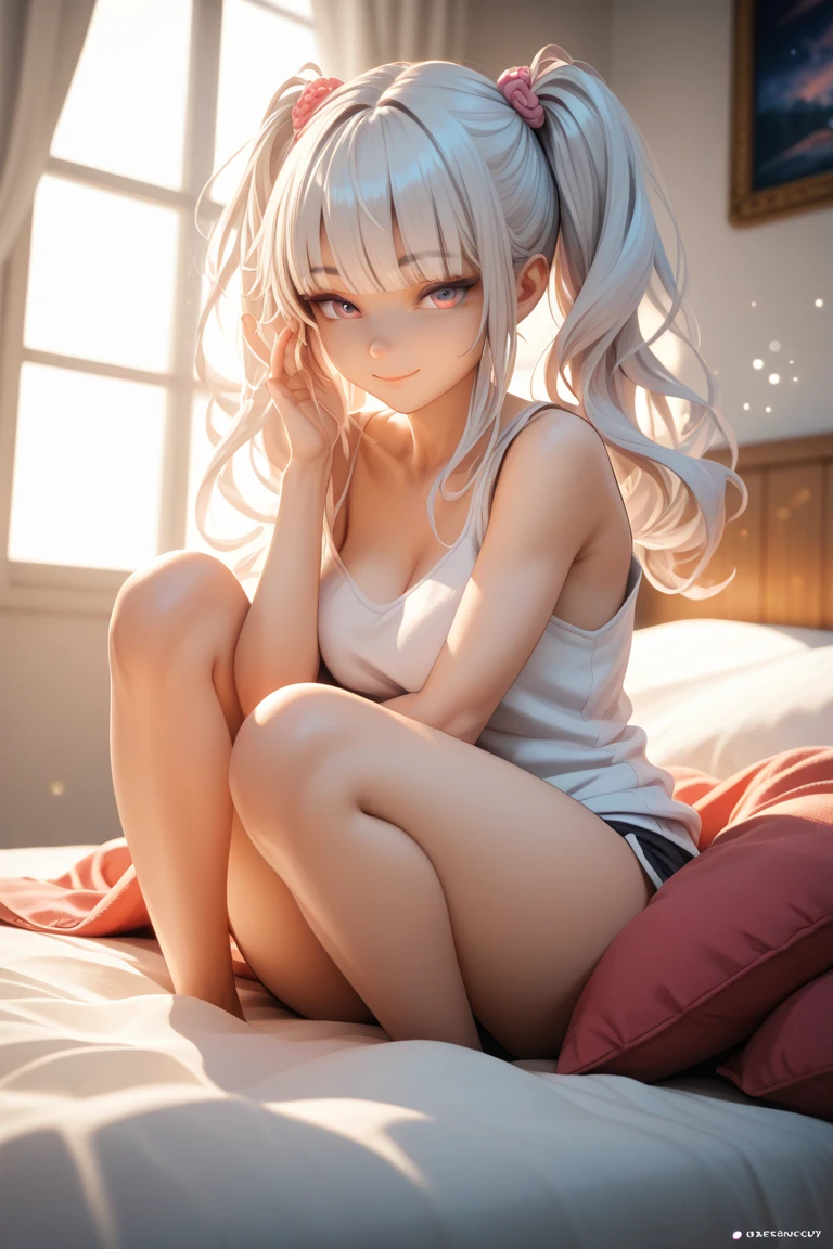 Create a high-quality, detailed image of a beautiful anime lofi girl with long hair and captivating eyes. She is sitting on her knees in her cozy gaming room. The girl is wearing a see-through tank top without a bra, showcasing her midriff, and sleep shorts. The scene is warm and inviting, featuring soft ambient lighting and comfortable seating. A small lamp illuminates the room, creating a serene and intimate atmosphere with a touch of sensuality