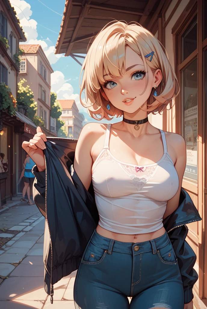 (Highest quality, 4K, 8k, High Resolution masterpiece:1.2), Very detailed, Picturesque, Anime-style photos, Photo Animation:1.37)、a beautiful girl、(Brunette Hair)、(pixie cut)、gyaru、tan、crowd、Street Corner、Ecstasy face、trembling、Sweat、Drooling、crying、vapor、Black choker、pierce、necklace、bracelet、