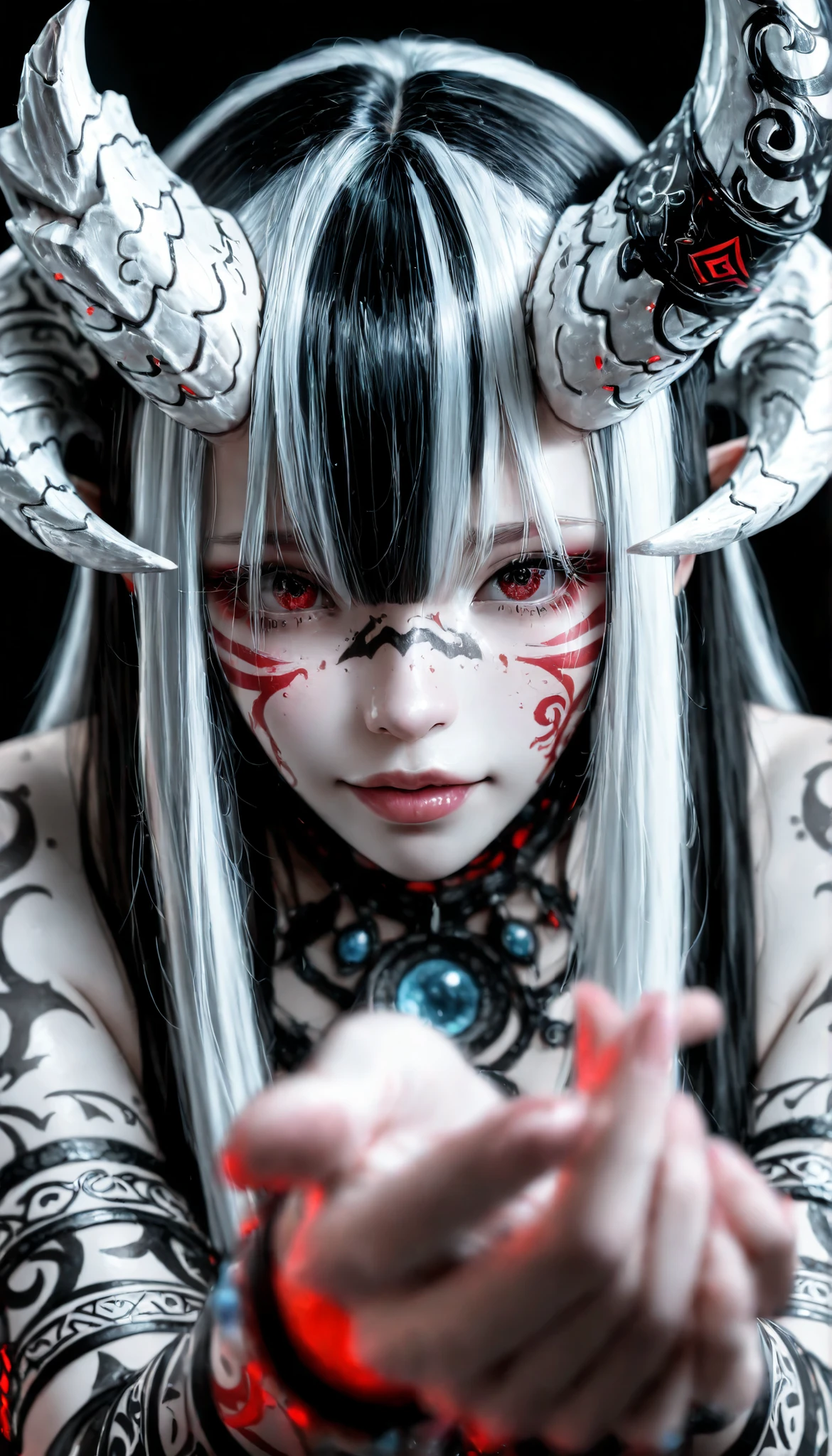 depth of field, high definition image, lots of detail, cinematic light, hand drawn, half white and half black background, contrast with the Demon Girl, tribal pattern lines on the face, 1 red eye, a broken horn, 1 hand in foreground for the view, dry and rough skin, matte pale skin, highly detailed realistic lips, realistic symmetrical hair with highly detailed texture, extremely detailed eyes, depth of field, thick and intricate white horns, fantasy unreal engine definition, ((Sharp pores on face)), ((pores Textures)):1.2