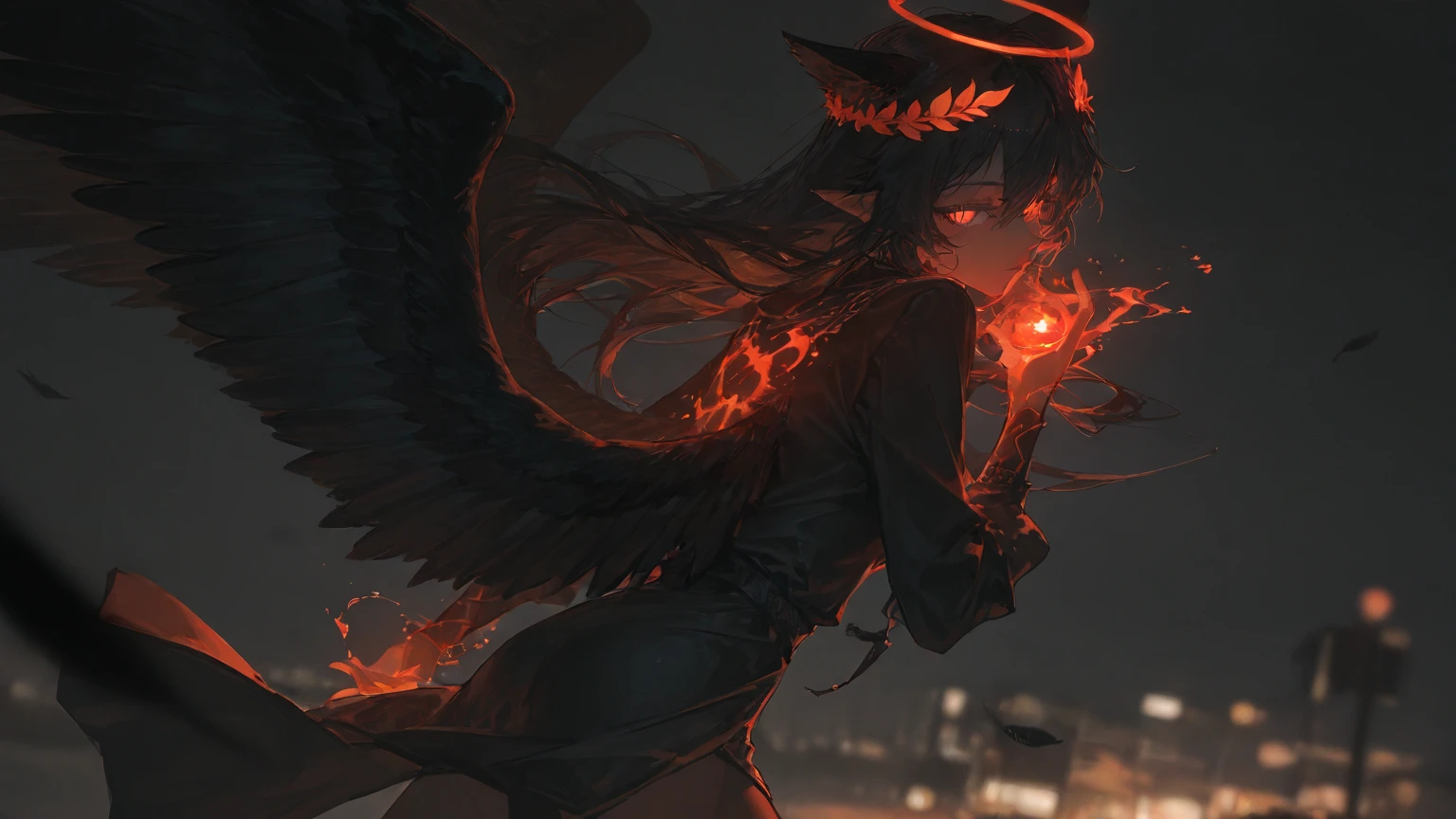 (best quality, 4k, 8k, highres, masterpiece:1.2),girl,  (fisheye lens),  furious,  ninja,  high ponytail,  light flare,  one knee,  flames,  fists floating hair,  smoke,  flames,  (blurry background),  Japanese forest,  rain,  black background,  (glowing eyes),  night sky,  stars,  (silhouette),  embers,  light particles,  (feathered wings), satan horns, 666, 666, 666, 666, 666, 666