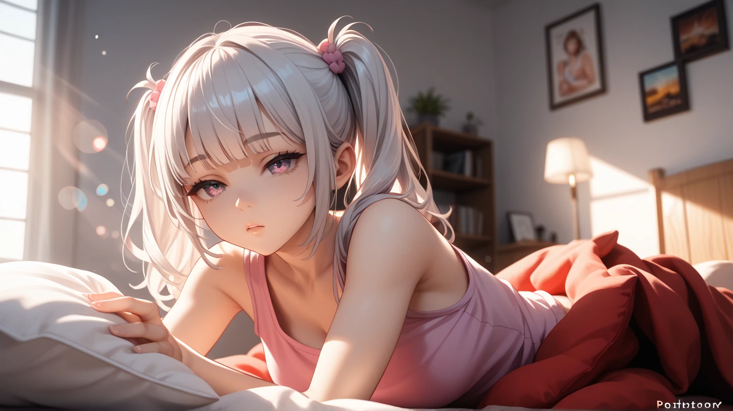 masterpiece, best quality, 1 girl, detailed beautiful face, ((pink nurse)), bent over, down blouse, sort hair, waved hair, twintail, white hair, nurse uniform with a few buttons unbuttoned, kissing, (((pouting))), (sexy lips), shiny lips, sexy lips, (small breast), (flat chest), closed eyes, sweat