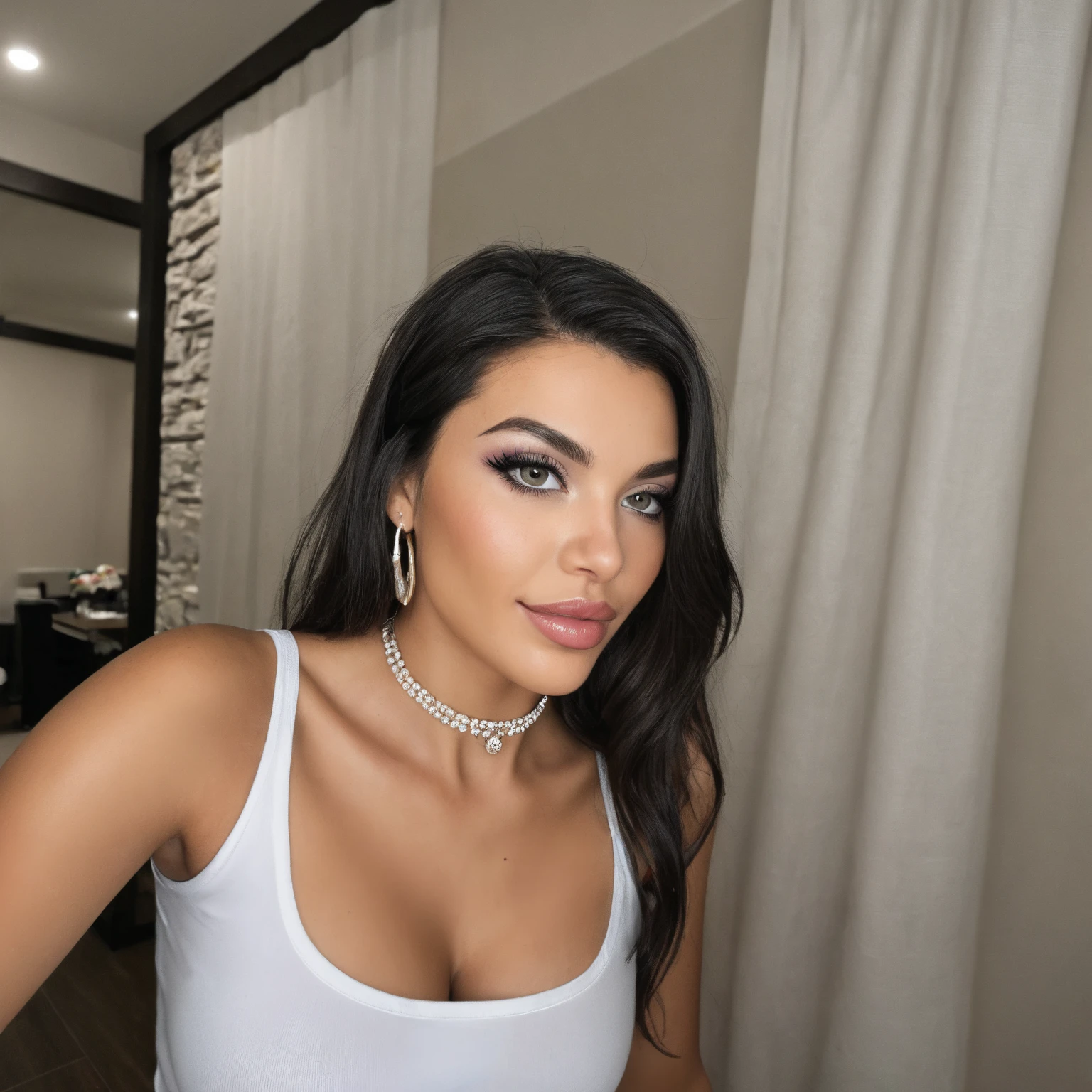 Absurd resolution, high resolution, (masterpiece: 1.4), hyper-detail, hyper-realistic, beautiful araffed woman in sexy lingerie, happy, rage, night, light portrait, Instagram model, cleavage, beautiful latin face, beautiful body and face, beautiful woman, beautiful and detailed body and face, beautiful face and figure, natural makeup, photorealistic, RAW, skin texture, film grain, best shadow, selfie, 55mm, ultra HD, film grain