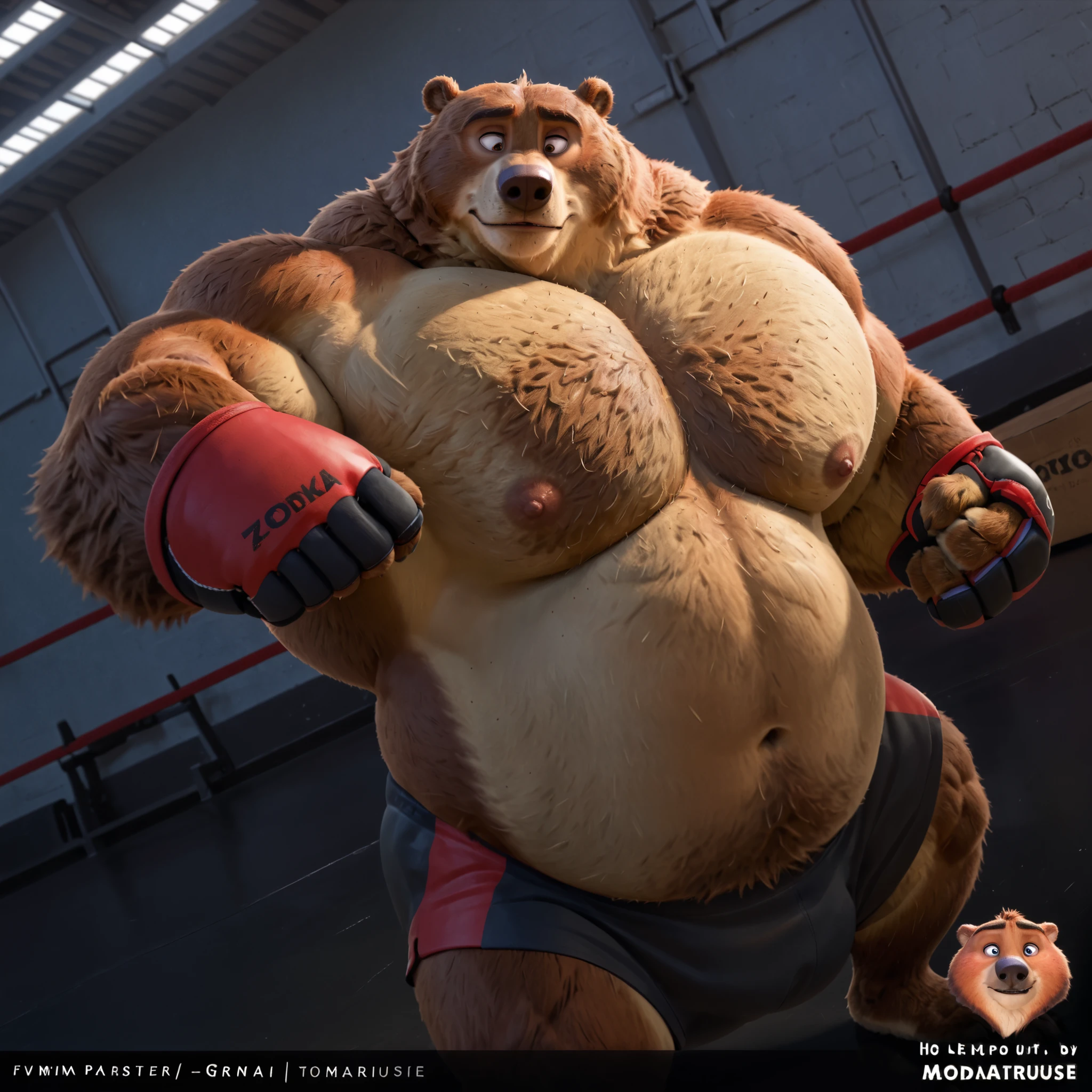 Solo, 1boy, Muscular Old, grunting, frustration glare, focus, look at viewer, wide shoulder, pectoral, thick arms, huge pectoral, wide pectoral, brown nose, height: 220cm, weight: 440lbs, a Kodiak brown bear in a black MMA shorts with red slits, wearing an MMA gloves with red knuckle pads and an ankle support brace as he workouts in the gymnasium warehouse, Zootopia, 8k, masterpiece