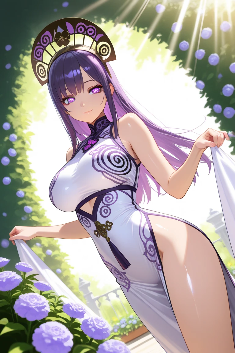 masterpiece, best quality,multiple girls, breasts, 2girls, yae miko, raiden shogun, purple eyes, pink hair, japanese clothes, purple hair, large breasts, long hair, cleavage, hair ornament, thighs, purple kimono, thighhighs, bangs, animal ears, detached sleeves, fox ears, wide sleeves, kimono, moon, weapon, braid,(kbxll:0.8)