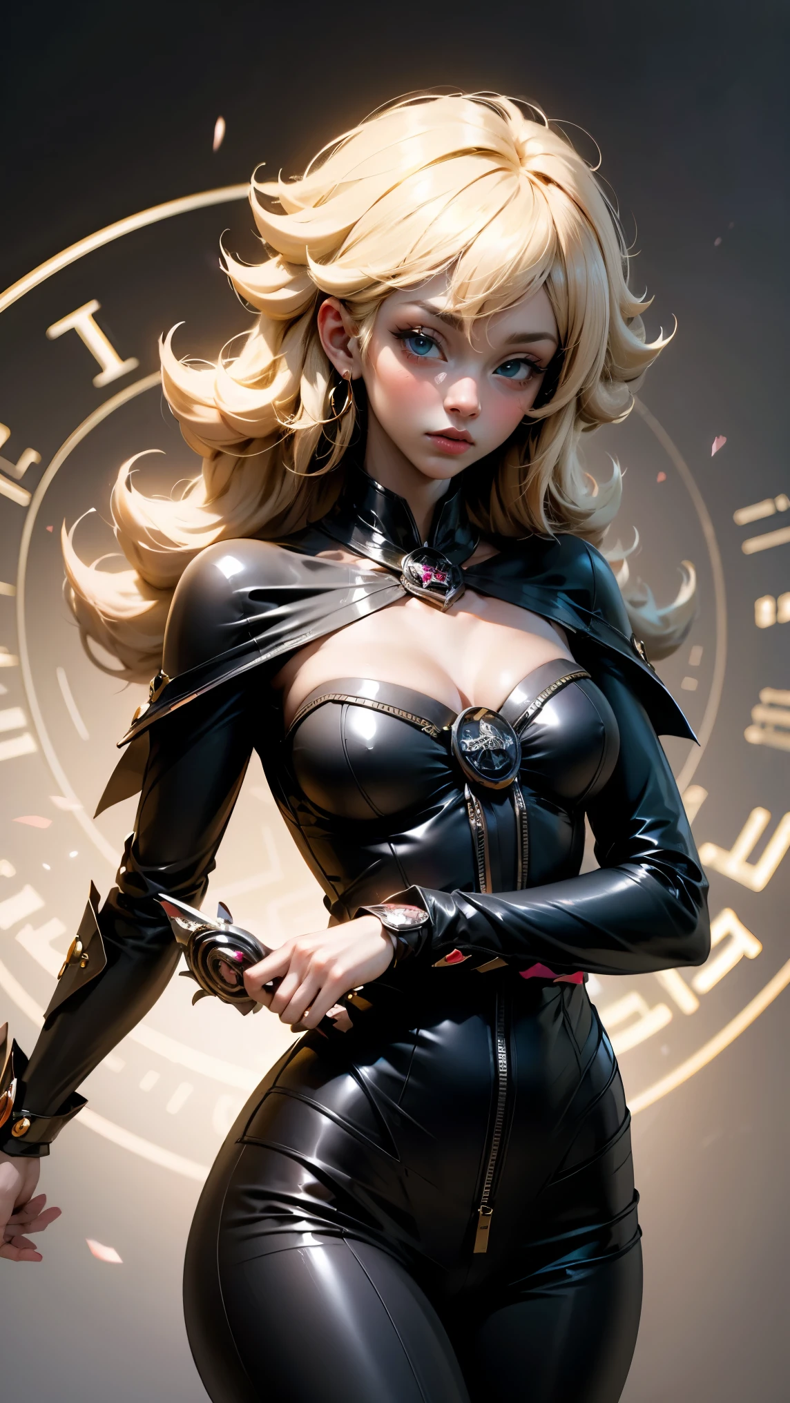darck magician gils. blue eyes, long hair. blond hair. curly hair, blush on cheek, sexy pose.  black clothes . black leather clothing. Pose of levitation on a magic staff.  MAGIC HANDS . Magic circle in the background.