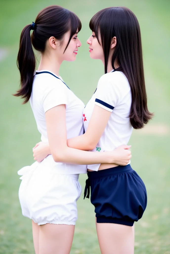 (2girls), (Caresses and kiss, erotic intimacy, full shot), (grab ass), (eroticism), (stare each other), high angle, Korean MILF Gravure Idol, blonde wavy hair, seductive alluring brown eyes, perky nipples, blushed face, (weeping:1.2), on the golf field, (white golf wear), slim Abs, (large full breast), (Masterpiece:1.2), best quality, (illustration:1.2), (ultra-detailed), hyper details, (delicate detailed), (intricate details), (photo realistic), (Ridiculous resolution), high contrast, (dramatic lighting), detailed face, extremely detailed eyebrows,