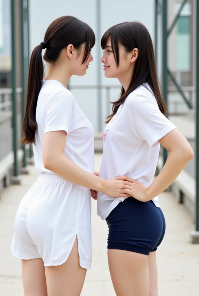 (Two Girls, Same height :1.2) ,Back view,  Volleyball Uniforms, Couple Focus ,    Japanese Girls ,  (smile:0.7), Stand next to each other ,  Upper Body, Gym suit, White T-shirt, Dark blue bloomer, A see-through T-shirt.See-through bloomers、Beautiful thighs,Remember,  Underarm, Realistic ass crack, ニヤニヤsmile, Very short hair, (High color saturation:1.0),  (Very detailed肌), (highest quality:1.0), (超A high resolution:1.0) ,(Like the picture:1.0), (Very detailed:1.0), (8k, RAW Photos:1.1)