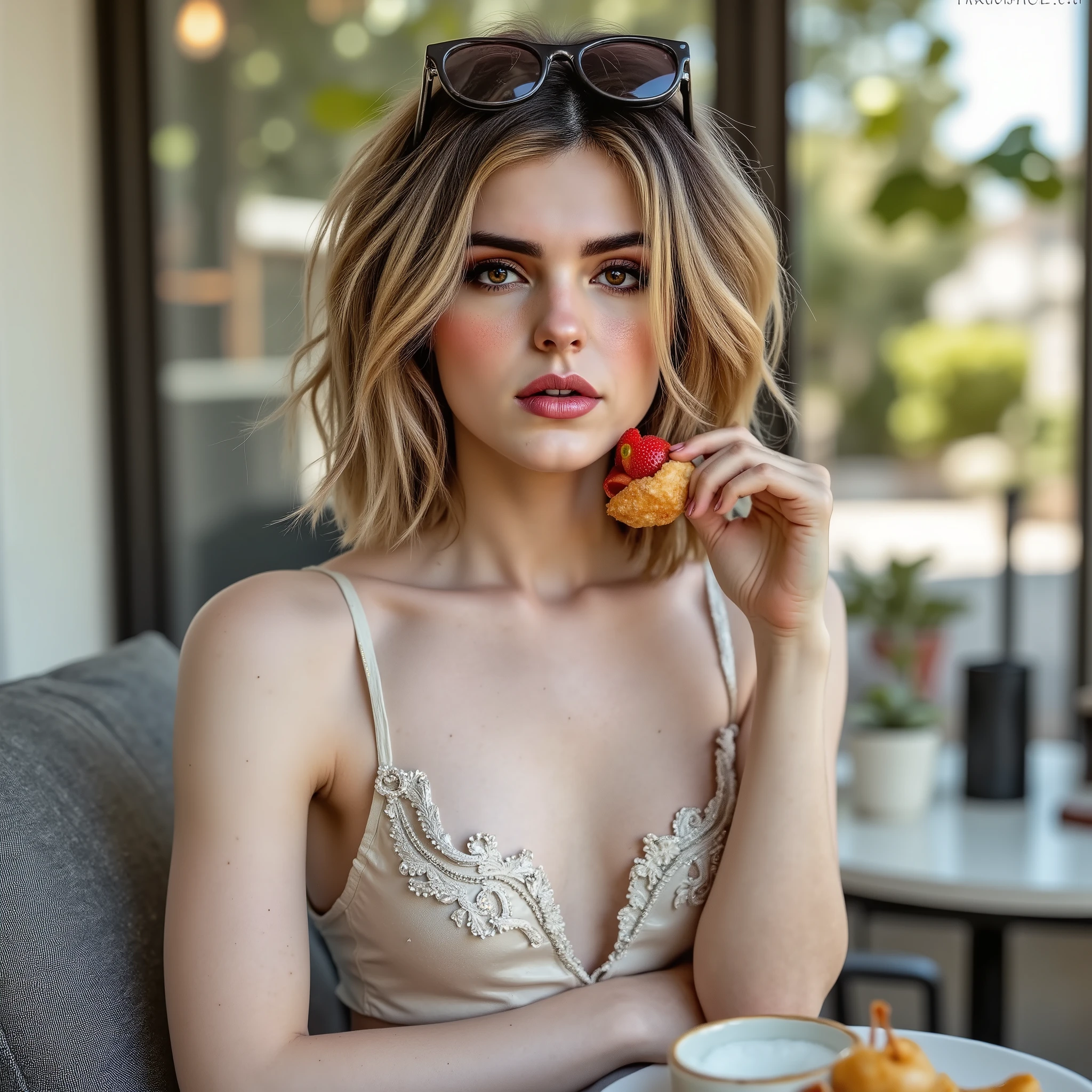 araffe woman sitting on a chair eating a sandwich and drinking a drink, sexy girl, portrait sophie mudd, gorgeous woman, cute woman, gorgeous face and figure, gorgeous lady, stunning woman, anna nikonova aka newmilky, gorgeous figure, beautiful model, a perfect body, instagram model, violet myers, angelina stroganova