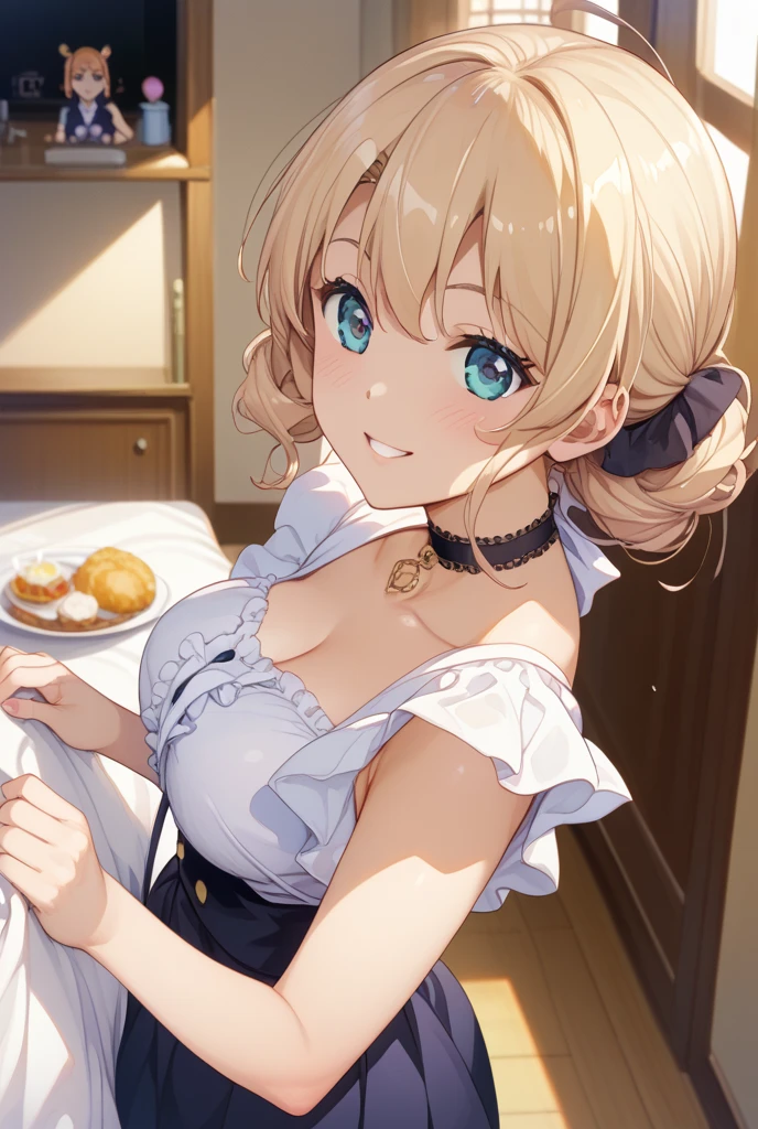 (8k, original photo:1.2),Detailed face and eyes,best quality, ultra high resolution, Very detailed ,intricate details ,on the table ,cute girl , soft light, Ultra-detailed,sharp focus, high quality,It's out,bob cuts,one blonde,national foundation, a happy expression, Absolute opportunity, skirt made of, Sit in a chair, Will, show,role play,cleavage,,bikini,Alice,A thousand flavors,white pantyhose