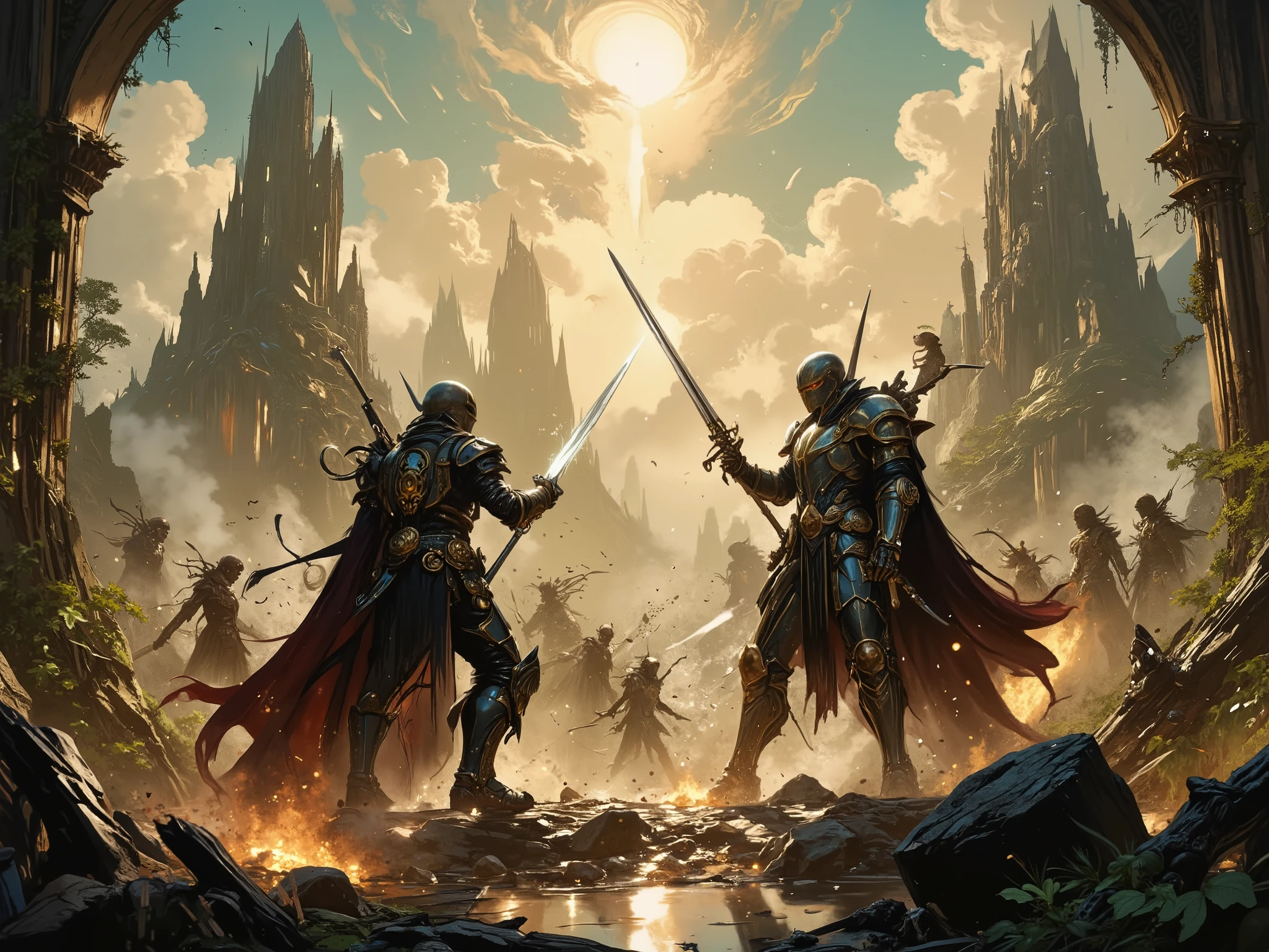 Battle scene, fantasy, fight between knights of light and cat girls
