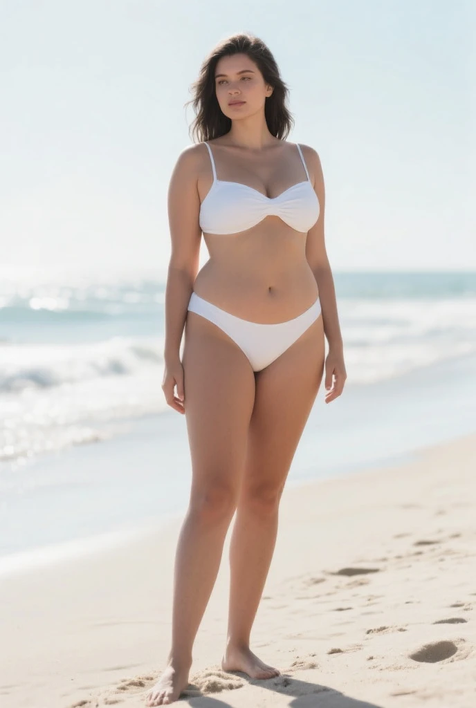 best quality, highres, hires, skin definition, detailed skin, detailed eyes, detailed face, (anri okita:1.5), lifelike, ((japanese AV model)), 4k, 8k, (photorealistic:1.5), realistic, uhd, beautiful, bimbo, perfect makeup, ((white bikini, white sneaker)), (huge breasts:1.25), huge tits, cleavage, thick thighs, large ass, wide hips, curvy, busty, hourglass figure, 1girl, solo, sexy pose, full body photo, photorealistic beach background