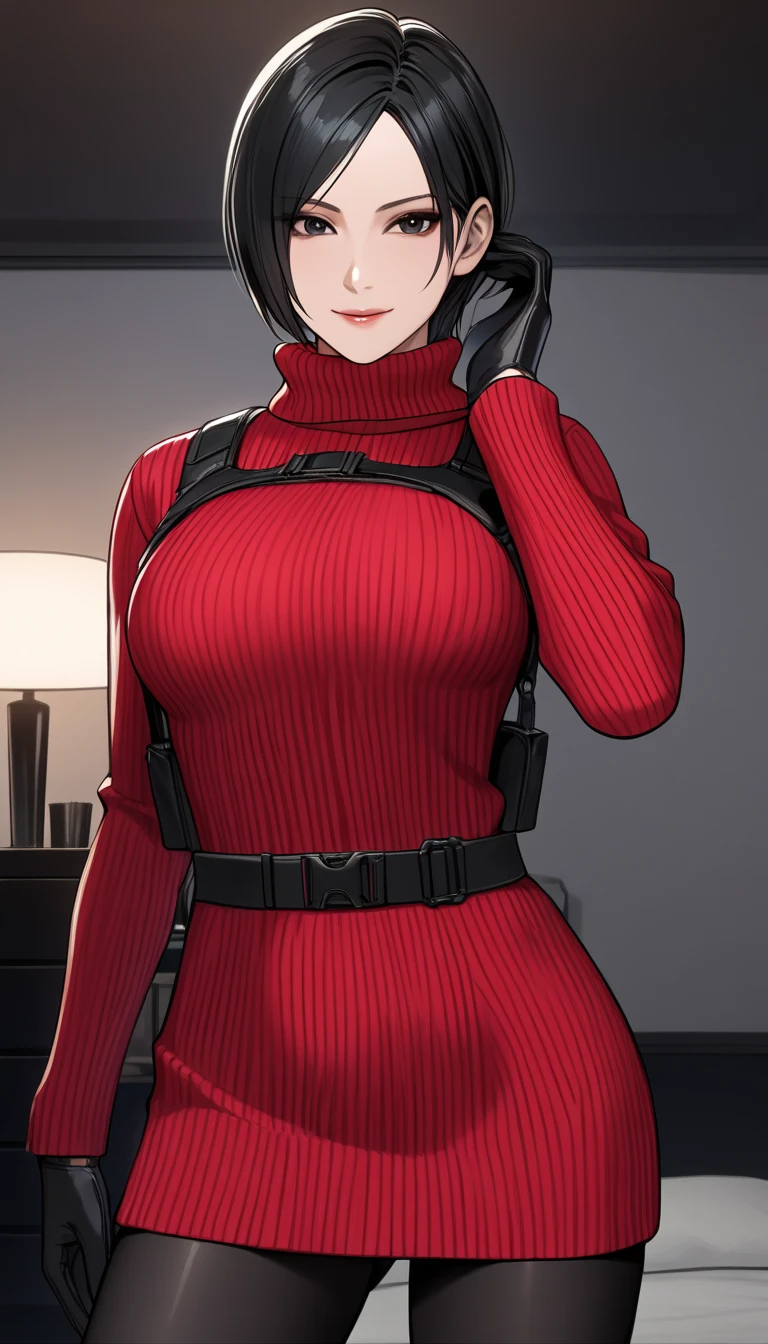 masterpiece, best quality, 1girl, solo, standing, adasweater, red sweater, turtleneck, harness, pantyhose, thighhighs, black gloves, ((Striped  panties)), black sunglasses, white background, garter belt, smirk 