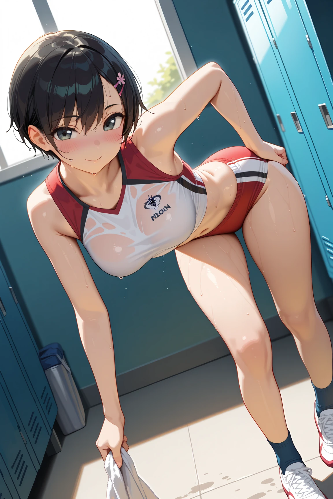 very cute and beautiful girl,(Very detailed美しい顔), (((Close-up shot of face、Open your mouth very wide、Sweating all over、Sweaty、Looking up、、Excited、Fascinating、orgasm、shortness of breath、Very humid、vapor))),blush,Black Hair,Seraphim,((short hair、Black Hair、Pink hair on the inside、Gal、Small breasts)),((Track & field athletes' uniforms)),((Reaching for the camera、Spread your legs、High angle、Dynamic Angle、Hands on the local area)), ((Small storage room in gymnasium、Dim lighting、vapor、Sigh、The expression of the limit)), (Highest quality,masterpiece:1.0),Absurd,High resolution,Super detailed,Very detailed,32k,8K resolution, Intricate details,Movie Scenes,Detailed Background,alone,Dynamic Angle,