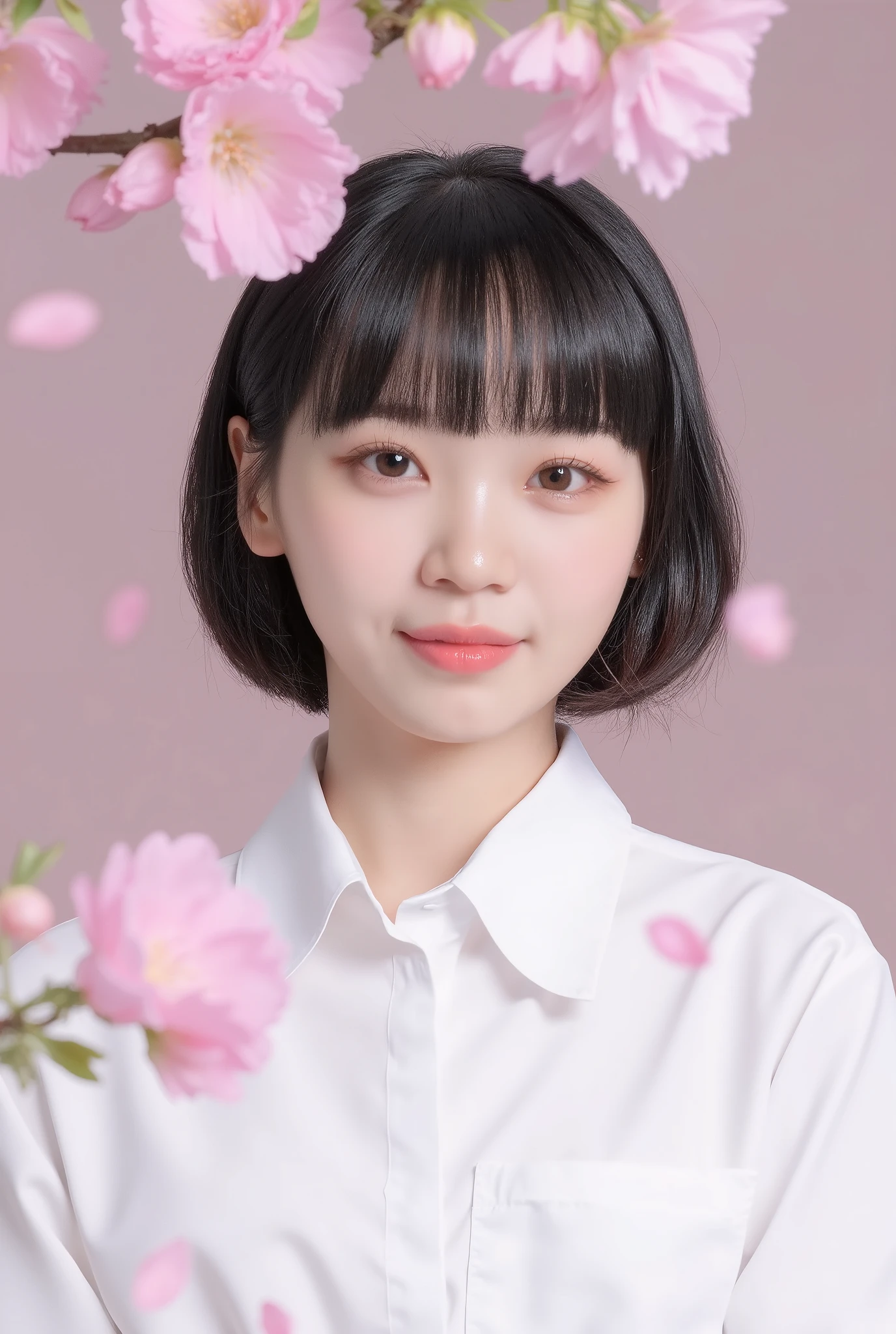 white shirts,solo,surrounded by cherry blossoms in full bloom,white skin,Sakura Fubuki,