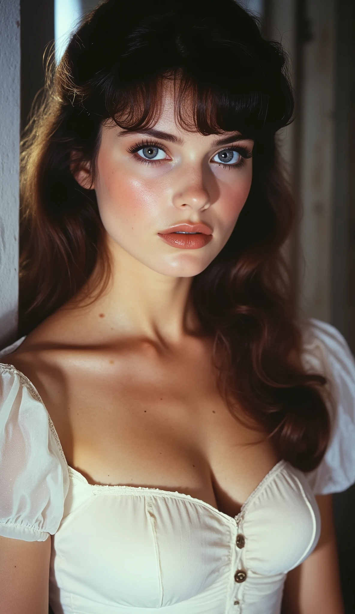 1980 film still, 21 year old female, long straight brown hair, blue eyes, white dress, medium shot, grainy effect