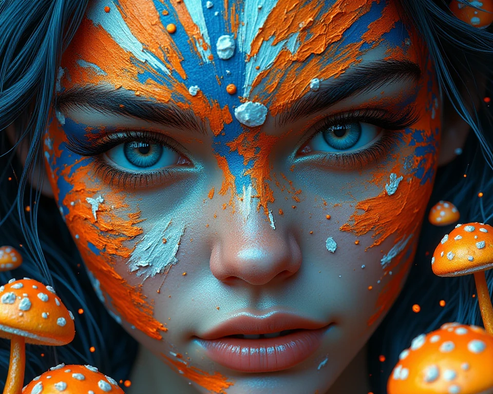 a woman with light blue eyes and orange paint on her face, white skin, scary color art in 4k, 4k color photography portrait, color war, intense colors, 8k artistic portrait photography, cyberpunk colors, fantasy and cosmic horror movie, cinematic colors, predatory eyes, hyper realistic, 8K, photorealistic, extreme detail, ( best quality, 4k, 8k, high resolution, masterpiece: 1.5), ultra detailed, (realistic, photorealistic, photo-realistic: 1.5)