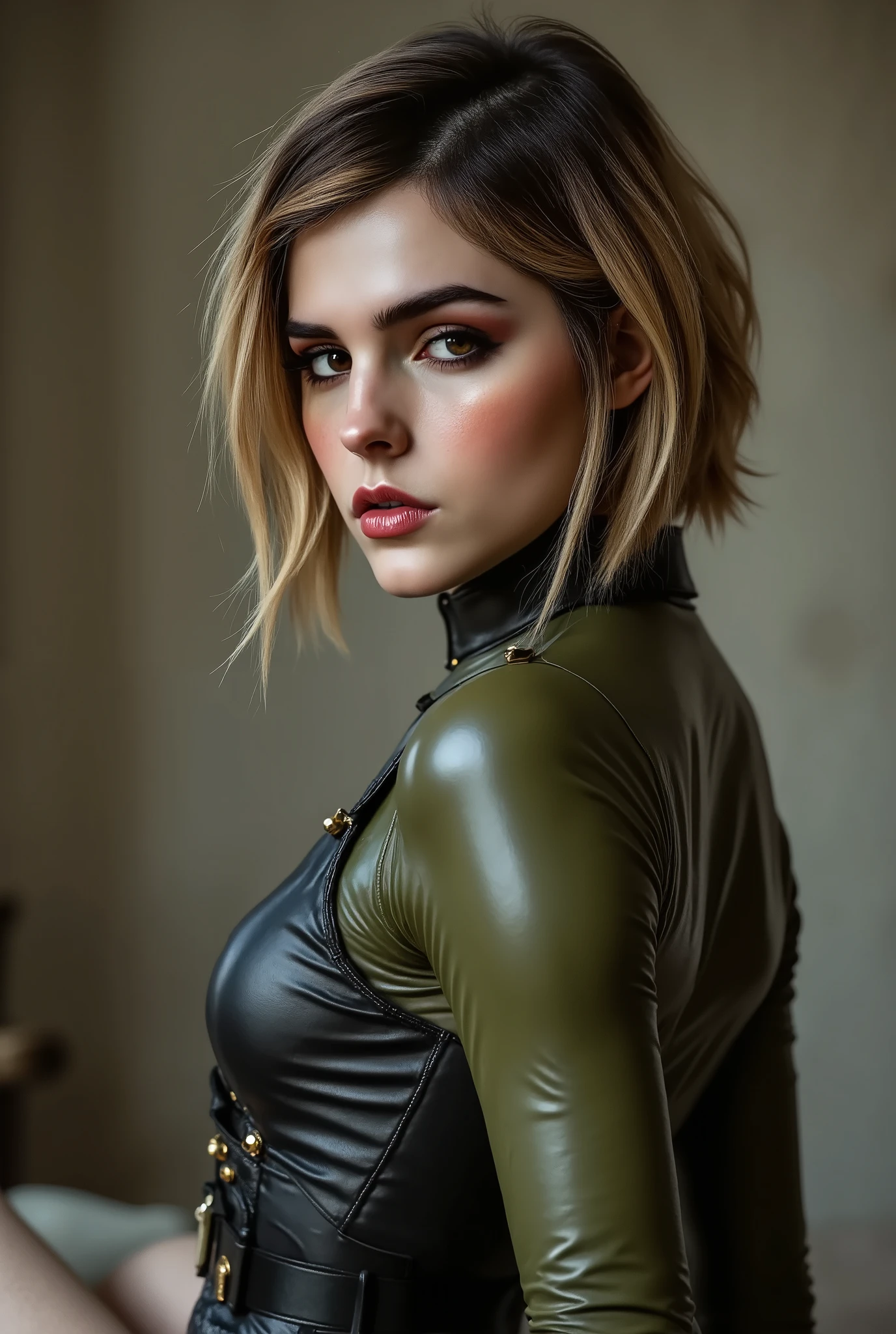 a woman in a green turtle neck top and black leather pants, leather body suit, leather pants, tight outfit, leather pants with a belt, muted colored bodysuit, kaki body suit, bodysuit, full body shot close up, leather top, intriguing outfit, wearing a full leather outfit, skintight leather clothes, skintight black bodysuit, full body picture