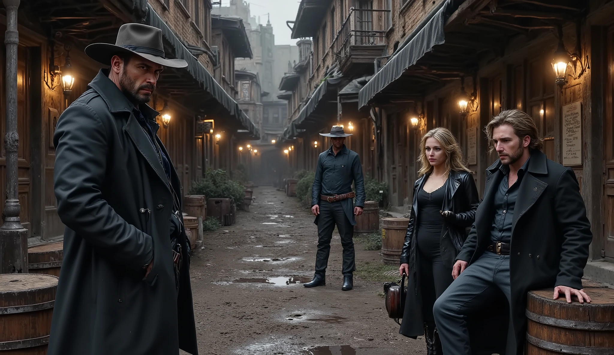 "Ultra-realistic cinematic scene in a decaying Old West town: a filthy, narrow side street off the main road reveals the underbelly of the broken city. Thieves lurk in the shadows, whispering and exchanging stolen goods beneath torn awnings. Nearby, prostitutes lean against crooked doorways under flickering lanterns, faces tired, eyes watching with detached interest. A couple of drunks slump against barrels and crates, one passed out in the mud, the other laughing into a bottle. The buildings are crumbling, wooden boards warped and cracked, signs hanging by a single nail. Fog creeps low through the alleys, lit by dim stormlight overhead. Far off, JCK-RUDE’s silhouette can barely be seen walking the main street. Photorealism, 8K resolution, gritty Western noir style, cinematic color grading, realistic character detail, dirt, grime, and human tension in every frame."