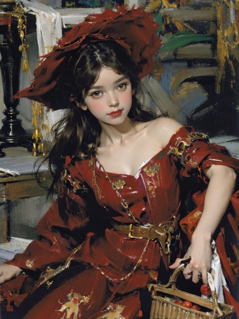 Depicting the girl in red meeting the wolves，Quiet and harmonious atmosphere，Dramatic composition，Warm color palette，Correct anatomy，Detailed face, Detailed eyes，（Girls wear：red shawl，Red Hat，laced dress，Red Hat, cloaks, big bust bra, a skirt, Red dress，Carrying a basket of fruit），Background with：allure，natural  lightting, Candy   House，a fairy world，((Sexual suggestiveness)),Attractions,(post impressionist),,(Fechin Oil Painting - Fechin Oil Painting , oil painted), Smiling， Close-up cleavage，Charming and sexy legs，01, cleavage, sexy, thigh