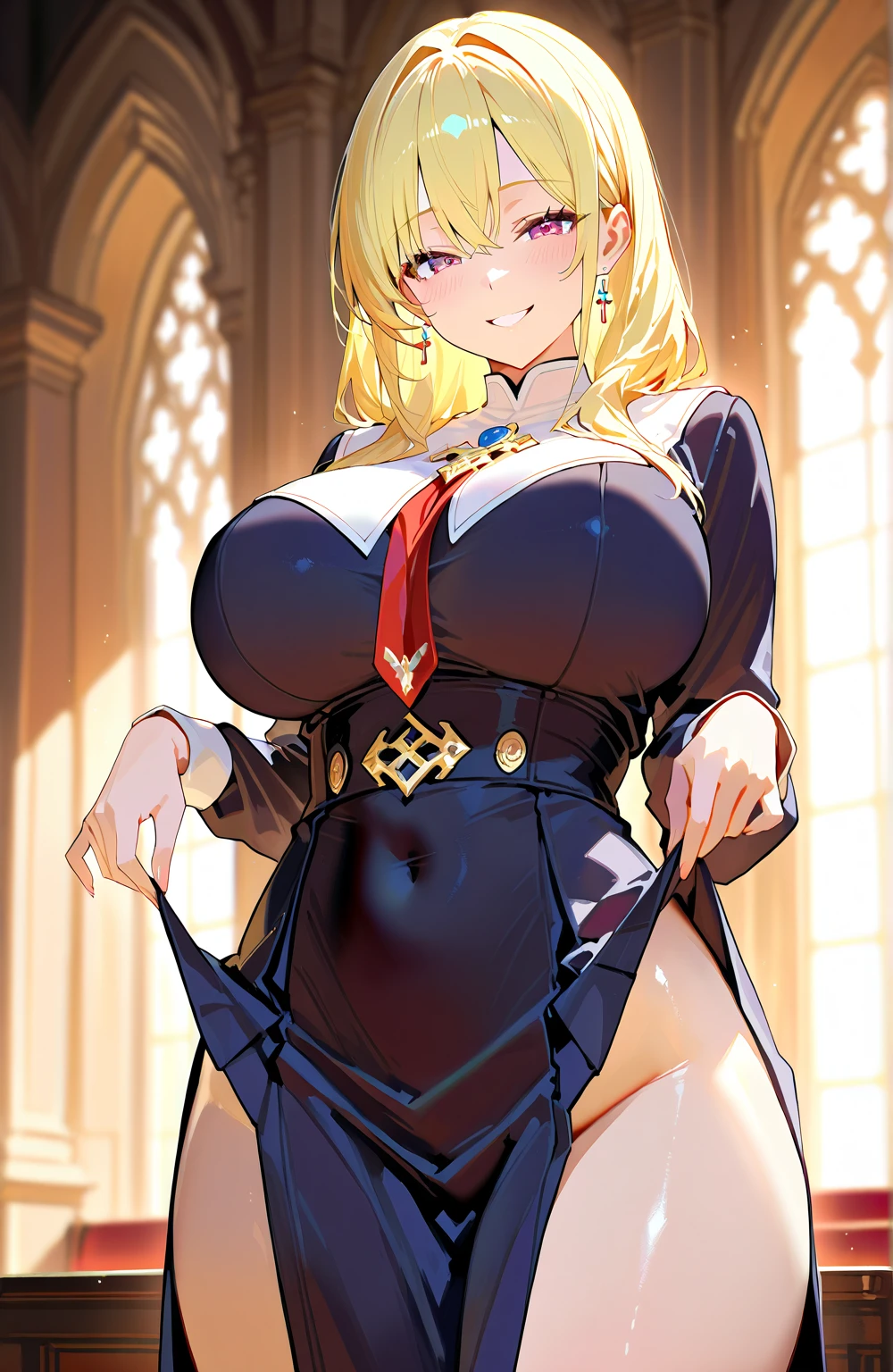 Erotic Anime Illustration、Anime Style、High resolution、Fantasy、Half naked and spread legs、Straightjacket、Ecstatic expression、A blonde princess knight slave who is drunk on the throne and submits to a man、Collared、Pussy exposure、Perfect proportions、Cowboy Shot、Very large breasts、Fatty thick legs、Sweaty、Artoria Pendragon