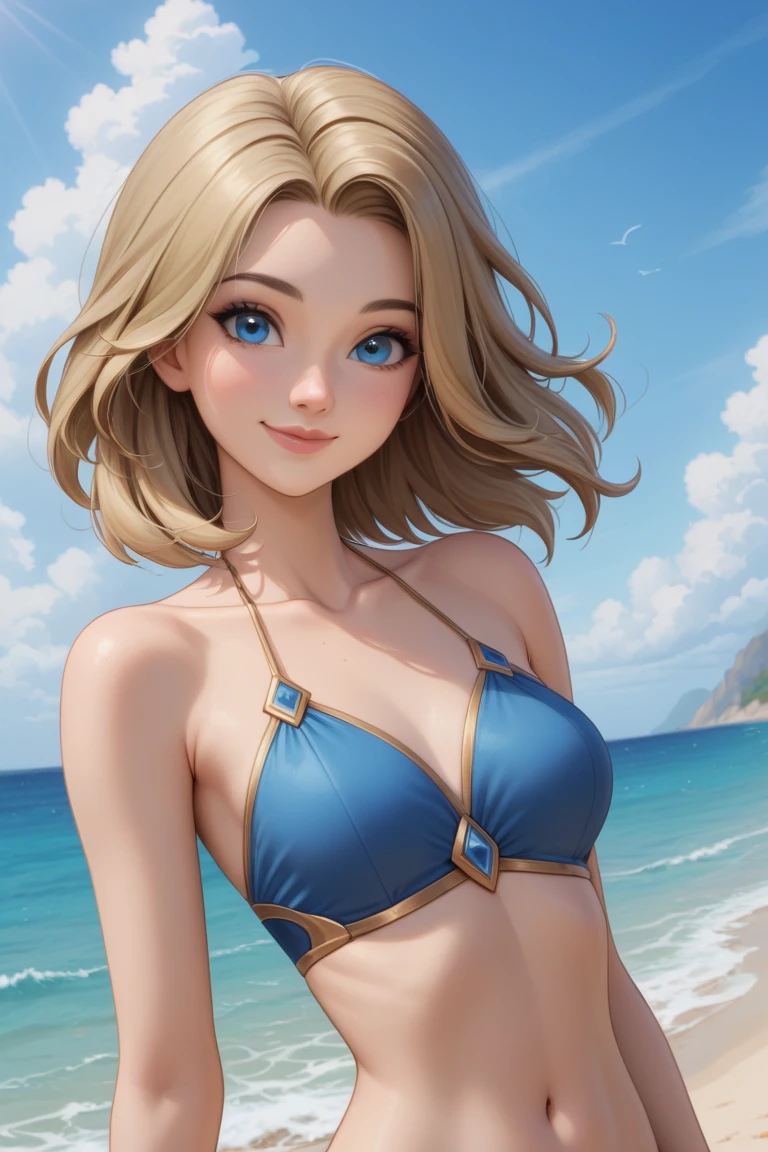 Pretty Female, Windblow blonde hair, glowing blue eyes, realistic, masterpiece, high detailed, 4K, beach background, high detailed light, little smile, white skin
