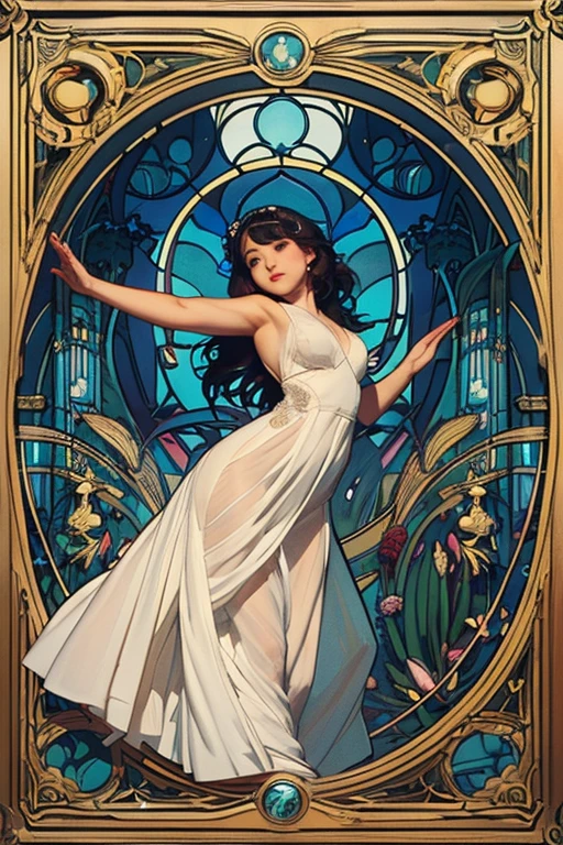 1girl in an art deco church, high quality, intricate detail, 8 k, cinematic volumentric lighting, award winning horror scene, epic octan 3 concept render trending on art station style by vgta, beautiful goddess on top of flowery bed while performing yoga under a beautiful sky