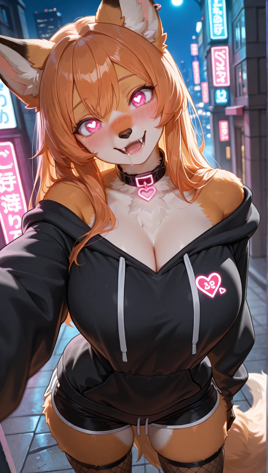 Black body fur, undersized hoodie, no underwear, , undersized outfit, getting dressed, no bra, synthwave area, dark aura, night, red glowing eyes, blushing, smiling, dark katana, synthwave katana, 1 girl, pure black fur, female furred dragon, lifting hoodie, massive breasts, Synthwave eyes, sci-fi billboards, correct human anatomy