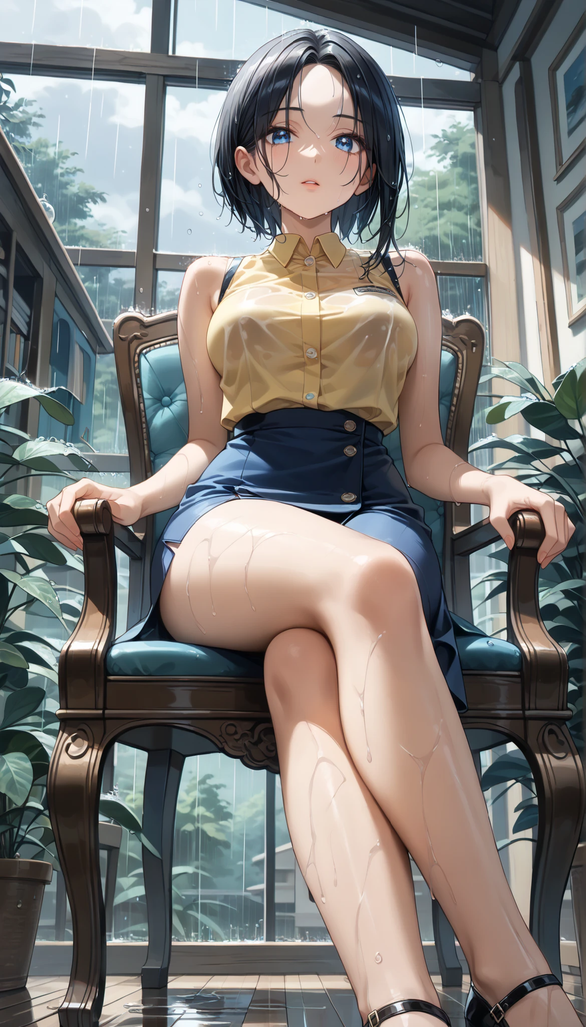 (masterpiece, best quality,ultra highres), (movie poster art,title of "Basic Instinct"),In the center of the poster,girl sitting on a silver-chair with legs crossed,(,cute,detailed face,(darkblue wavy-short hair),eyebrows,middle small breasts),nihil smile,(wearing sleeveless white knit mini one-piece dress,high heels),