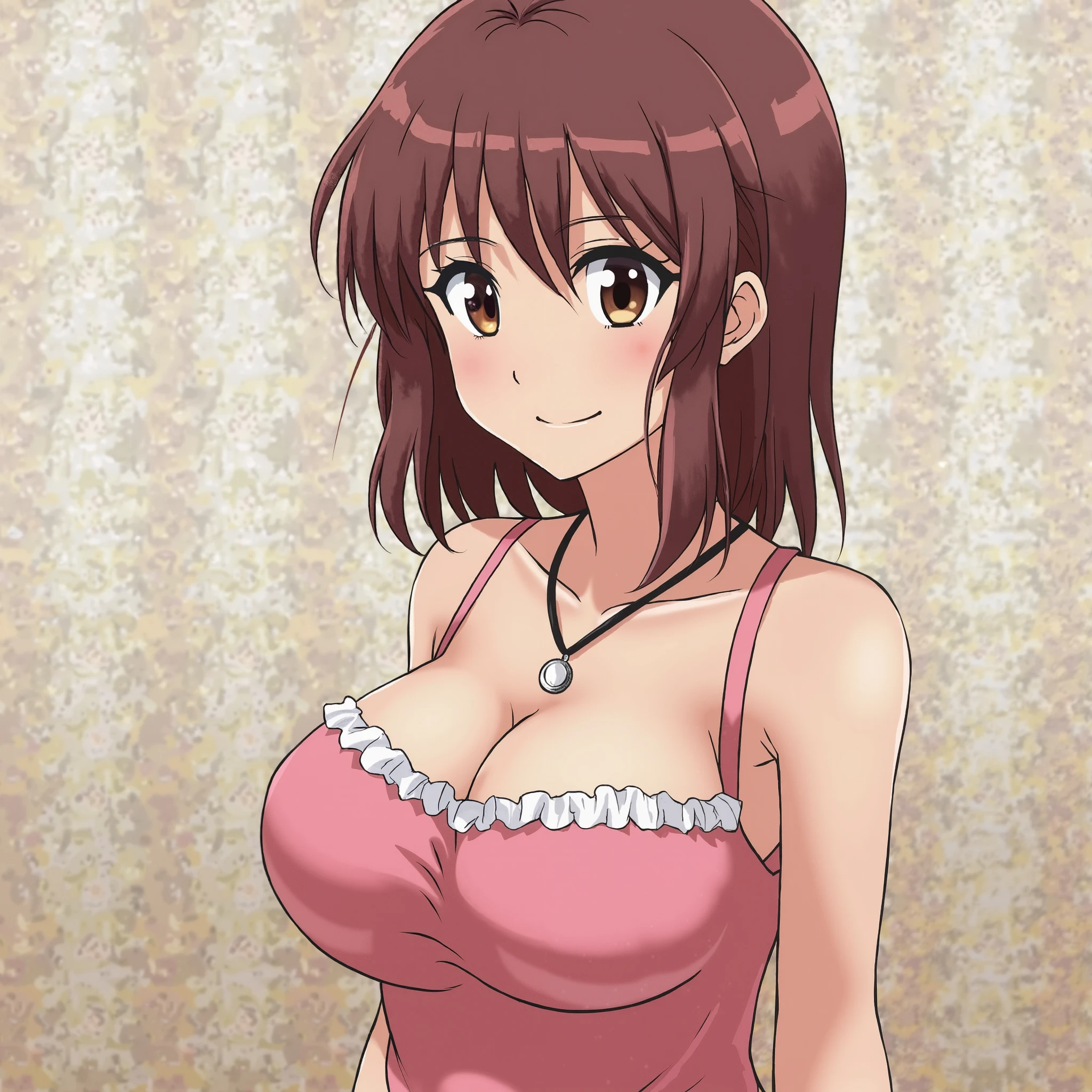 (masutepiece, Best Quality, High resolution:1.5, anime colours, megami magazine:1.2, anime poster style, anime keyvisual, sharp, 8k, photorealistic), (beautiful detailed eyes:1.5, beautiful detailed face:1.2), Murrue Ramius, 1girl, red eyes, blush, (brown hair, medium hair, bangs), (sagging huge breasts), (negligee:1.2, no bra), upper body, (Perfect detailed Anatomy, beautiful detailed hair, beautiful detailed body:1.2, shiny skin), (thick outline, Beautiful outlines, black outlines), simple background:1.5