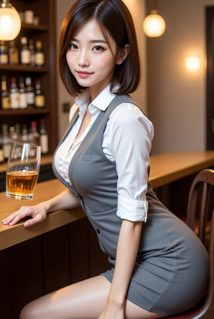 (((I sat on a chair))),(((I can see her panties))),(((((toplesy chest is visible))))),(((Open the chest of the costume with both hands、Looking at her chest))),Small breasts are visible,膨らみのSmall breasts高画質, High-quality reality, shading, Photorealism, Ray Tracing, 8K, Ultra-high resolution, masterpiece, light makeup, Life-size smiles and precious expressions, European/Swedish style girl, medieval bartender, Medieval style short skirt, White shirt and revealing apron,Small breasts, With a tray filled with several beer cups, At a bar crowded with adventurers, ,((Slim body))、(((引き締まったButt))),Short Bob ,Straight Bangs,((Short Bob)),Butt,Erotic,Shaved Bob,Bob Hair,Embarrassing,Realistic,超Realistic,masterpiece, Highest quality,ultra-Get used to it,super Get used to it skin,Get used to it,Perfect Anatomy、( Highest quality、8K、masterpiece: 1.1 )、diamond、Earrings,