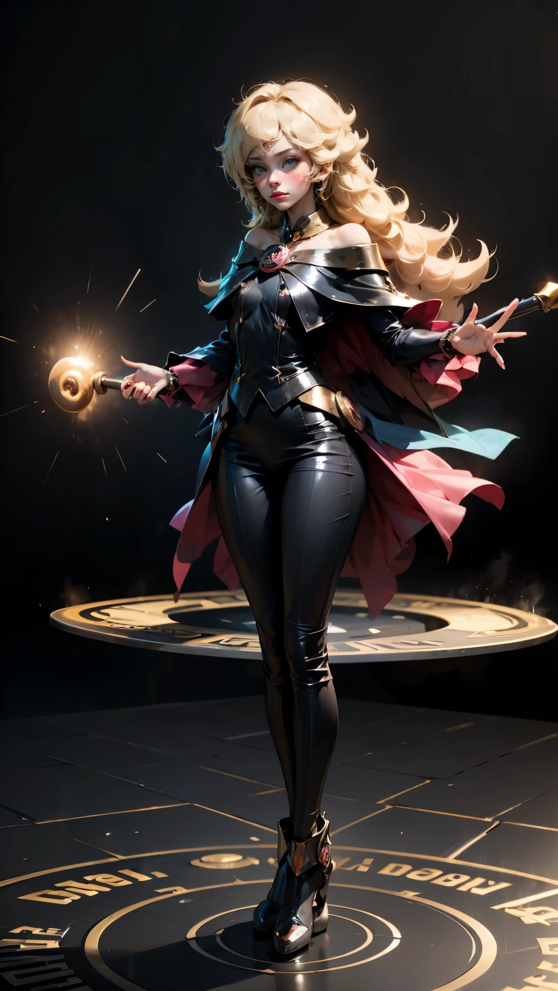 darck magician gils. blue eyes, long hair. blond hair. curly hair, blush on cheek, sexy pose. black clothes . black leather clothing. Pose of levitation on a magic staff. MAGIC HANDS . Magic circle in the background. full-body shot.