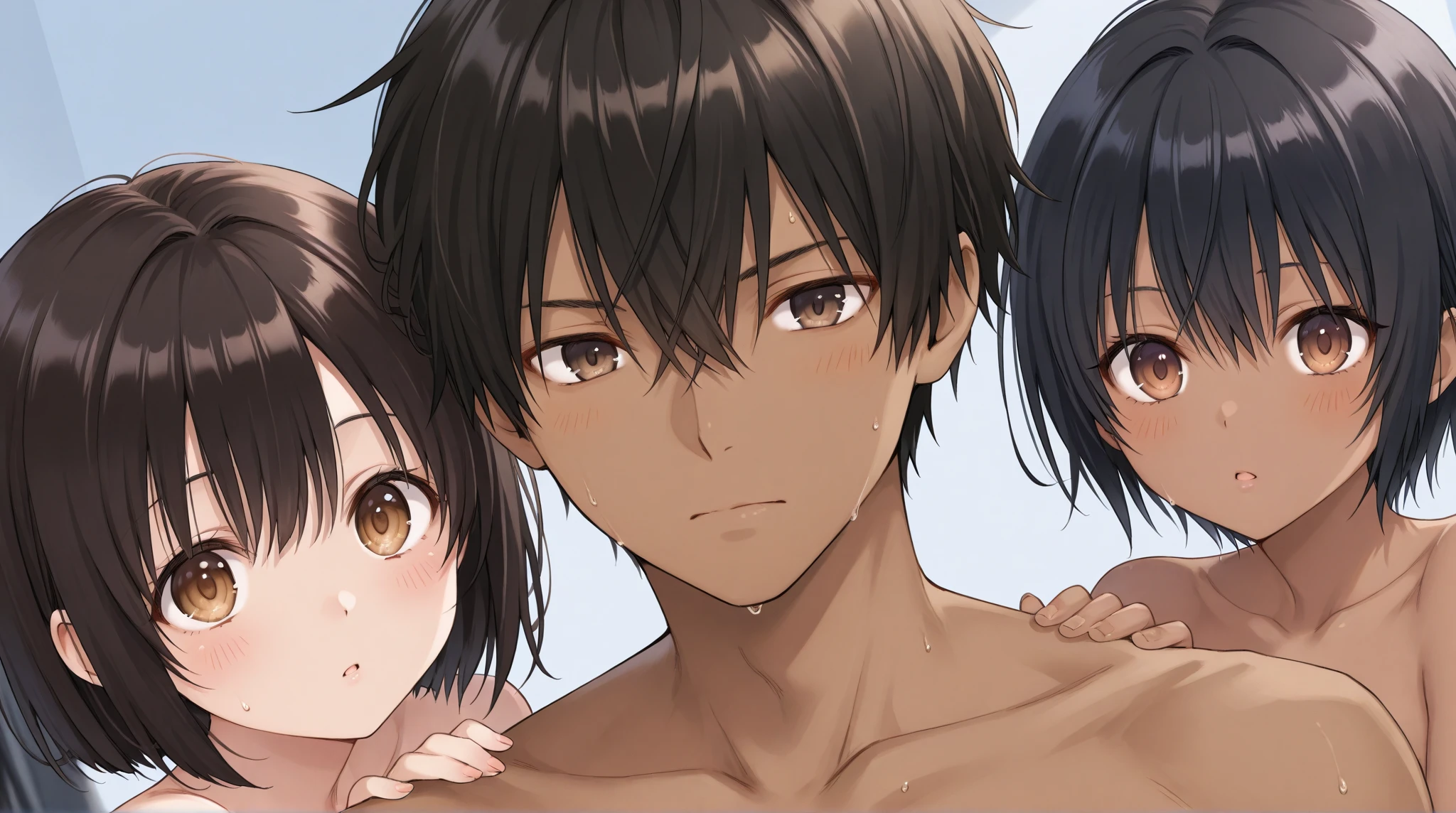 (3 boys, shota, bare skin), (1 girl grabbed breast by 2 boys from both sides), short hair, no clothing, (moaning face), intricate panties, bra, standing