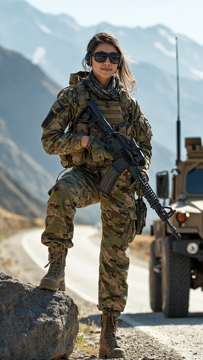 ((masterpiece、top-quality、realisitic、ultra-detailliert、hight resolution、Photorealsitic、foco nítido、lighting like a movie))、Stunning portrait of a beautiful woman、bustshot、Focus from the chest up、sad Facial expression、Beautiful detailed eyeedium Hair、Army camouflage uniform、Camouflage Tactical Vest、Long trousers with camouflage pattern、Combat gloves、rucksack、Black Military Undershirt, White smoke、Detailed hand depiction、Latina, Battlefield scene, large breast